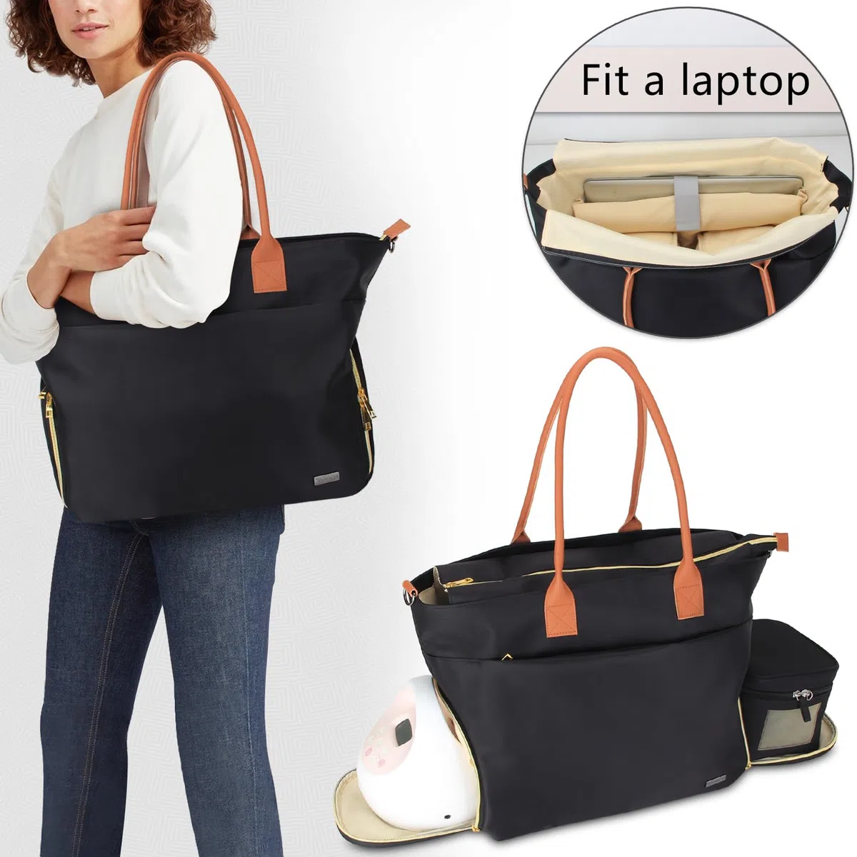 Teamoy Milchpumpen Tasche, kompatibel mit Spectra S1, S2, Medela und Kühltasche, Aufbewahrungstasche für Milchpumpen und Laptop mit Ledergriff für Berufstätige Mütter, Schwarz (NUR TASCHE)