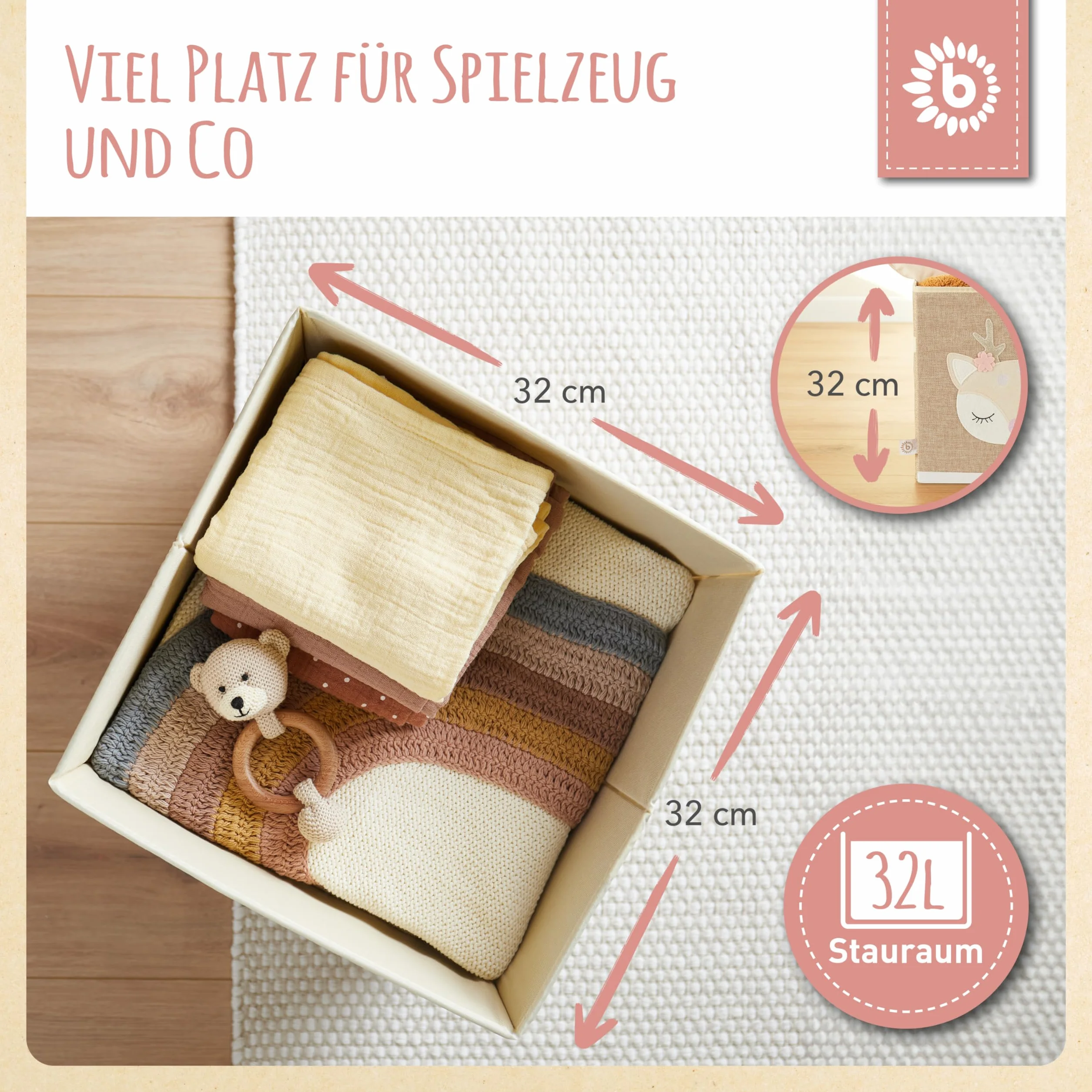 Bieco Aufbewahrungsbox Kinder | REH Ella Motiv ca. 36L faltbar | Süße Spielzeug Kiste für Kallax Regal | Aufbewahrungsbox 33x33x33 | Kallax Boxen für Spielzeug Aufbewahrung | Storage Box Kallax Korb