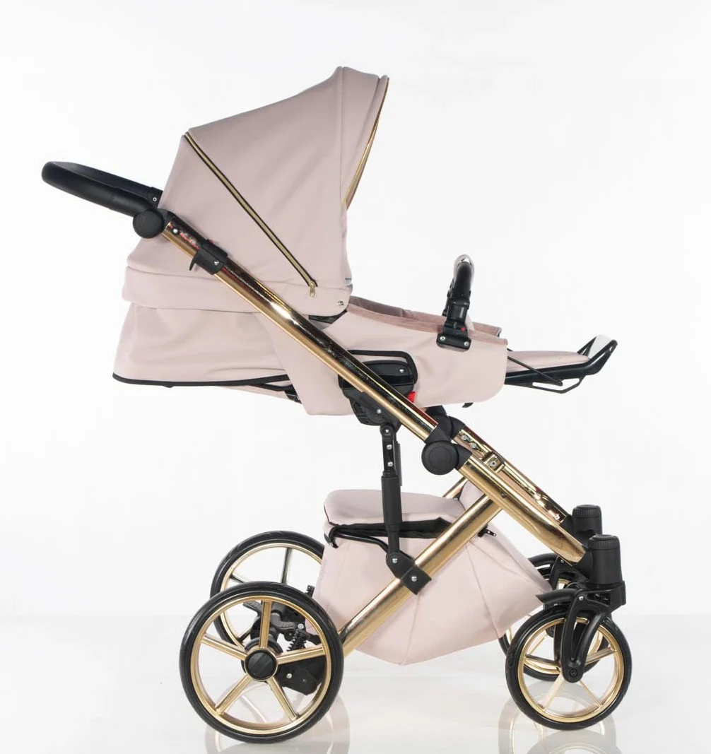 Trio CUBIC Kajtex BBtwin Ecuero Eco Kinderwagen mit goldenen oder silbernen Details, 3-in-1 Kinderwagen und Zubehör, Pink Gold