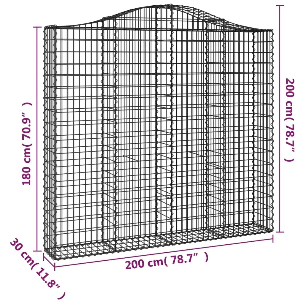 Gabione mit Hochbogen 200x30x180/200 cm aus verzinktem Eisen wetterfest Gartenwand Dekoration Windschutz robust