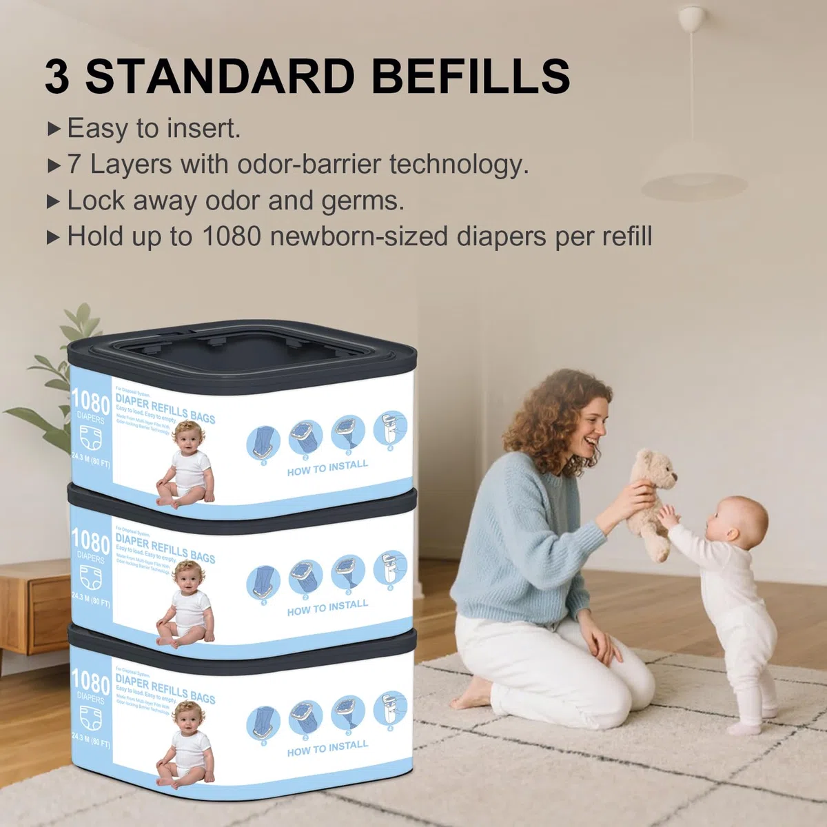 Jumbo+ quadratische Nachfüllbeutel, kompatibel mit Diaper Genie Compact, Classic und Select Eimern, für bis zu 1080 Windeln in Neugeborenengröße, 3 Stück