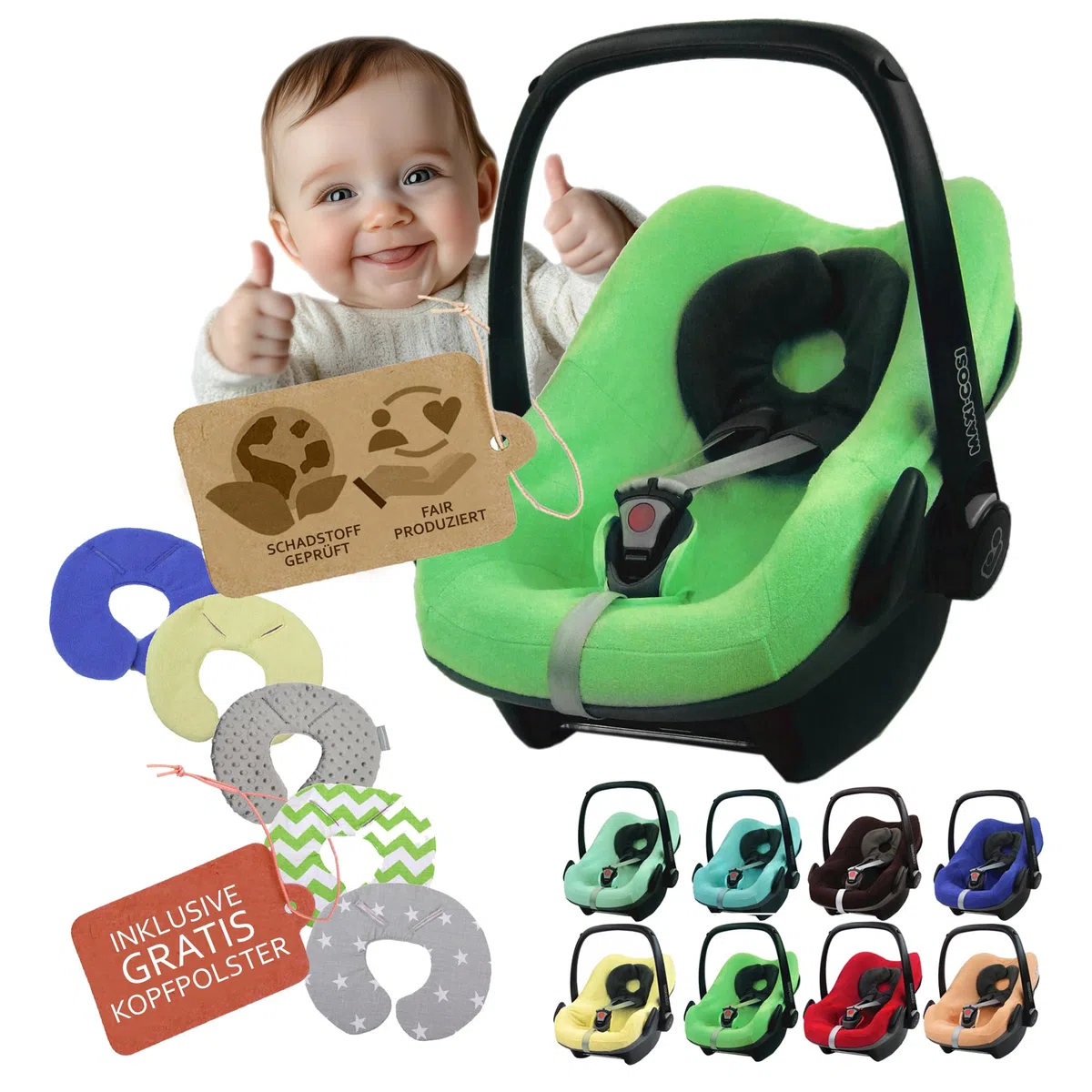 Sommerbezug Babyschale kompatibel mit Maxicosi Pebble & Pebble Plus - Atmungsaktiver Schonbezug Baumwolle - weich, passgenau Gurtschlitzen - Ersatzbezug Babysitz, waschbar - GRATIS KP (apfelgrün)