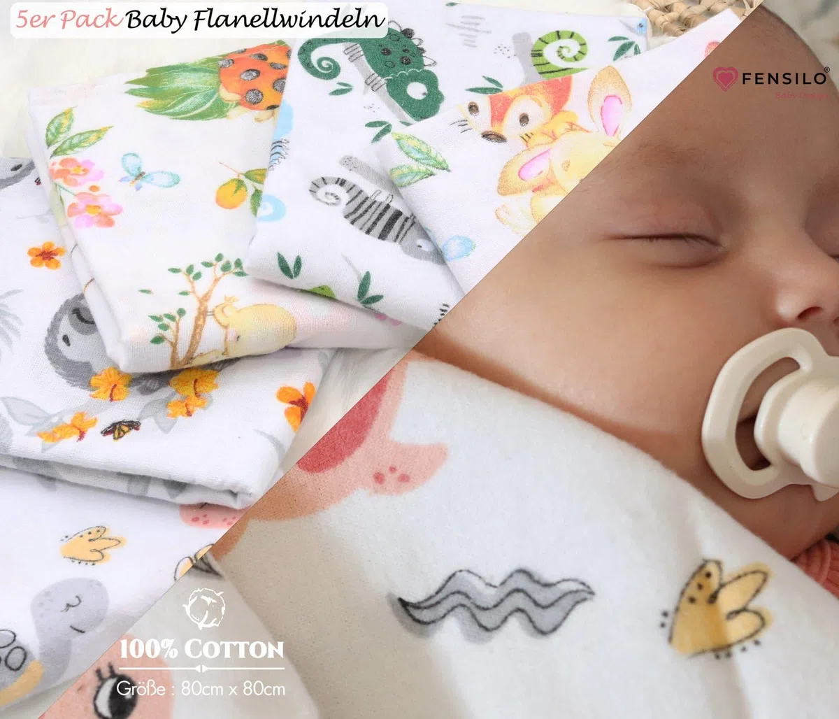FENSILO Moltontücher, 5er Pack-Flanellwindeln aus 100% Baumwolle-80x80cm, Spucktücher Baby, Flanell Moltontuch Spucktücher für Jungen oder Mädchen