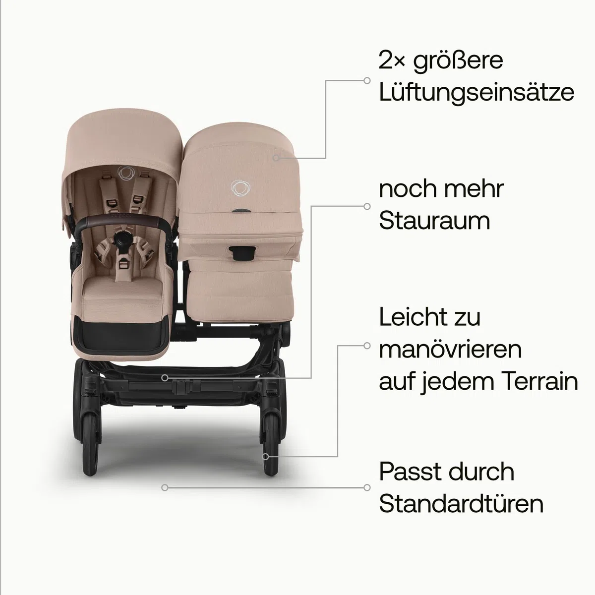 Bugaboo Donkey 6 Double, Geschwisterwagen für Baby & Kleinkind, Doppelkinderwagen mit wendbarem Sitz und Liegewanne, komfortable Einhand-Lenkung, Desert Taupe Melange