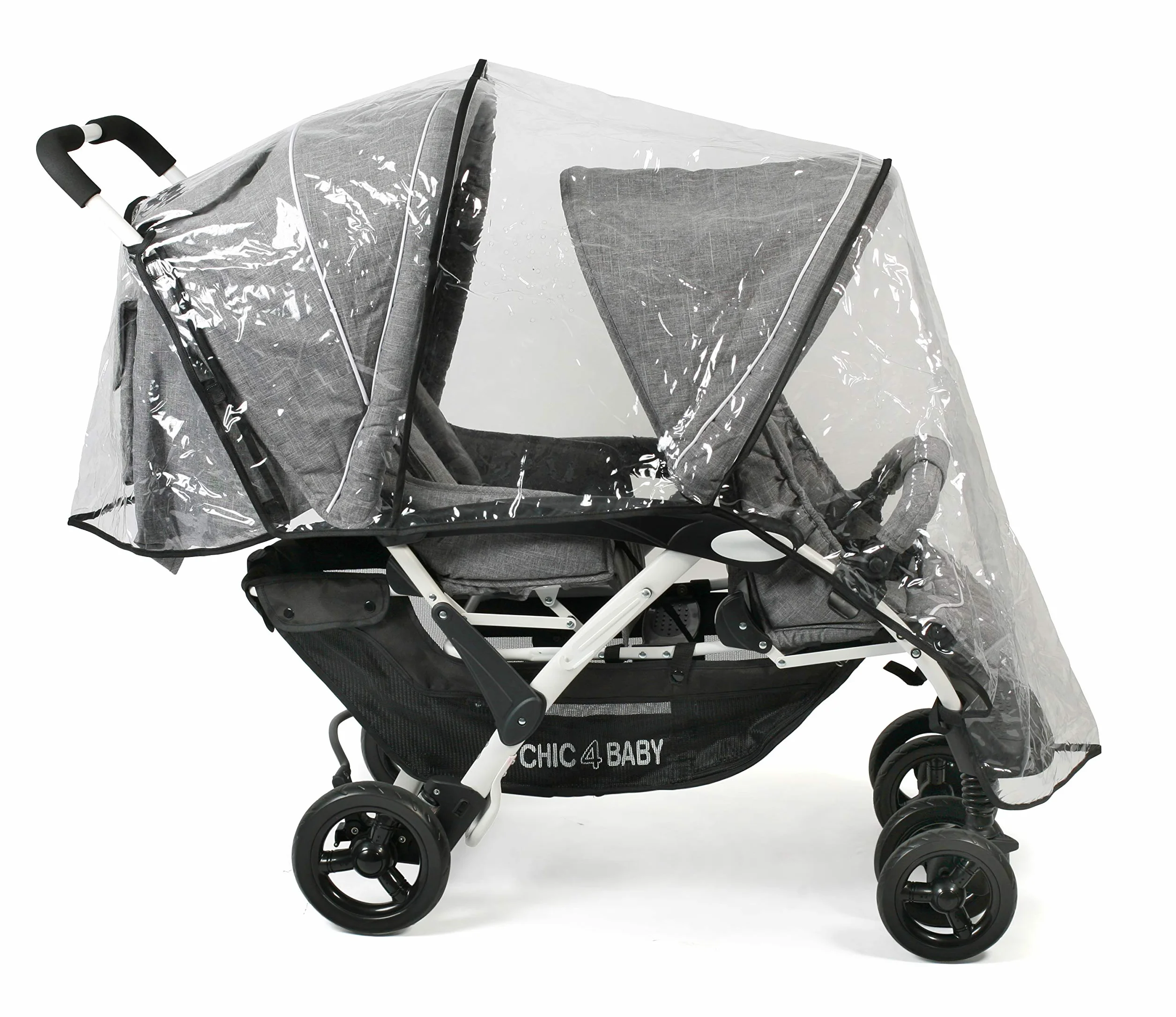 CHIC 4 BABY - Geschwisterwagen DUO mit Tragetasche und Regenschutz, Geschwisterkinderwagen für zwei Kinder, Zwillingswagen, Zwillingsbuggy, Tandemkinderwagen, Tandembuggy, Kinderwagen, Jeans grau