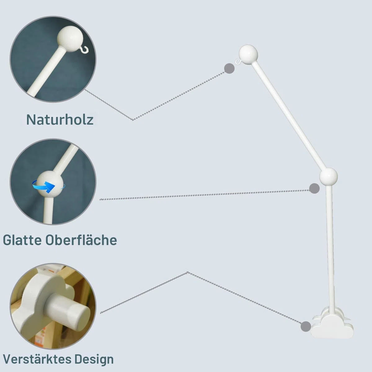 Mobile Halterung Weiß, AolKee Mobile Halterung Holz, Mobile Baby, Abnehmbarer Verstellbarer Kinderbett Mobile Arm zum Aufhängen Krippe Mobiles/Windspiele Spielzeug, babybett zubehör