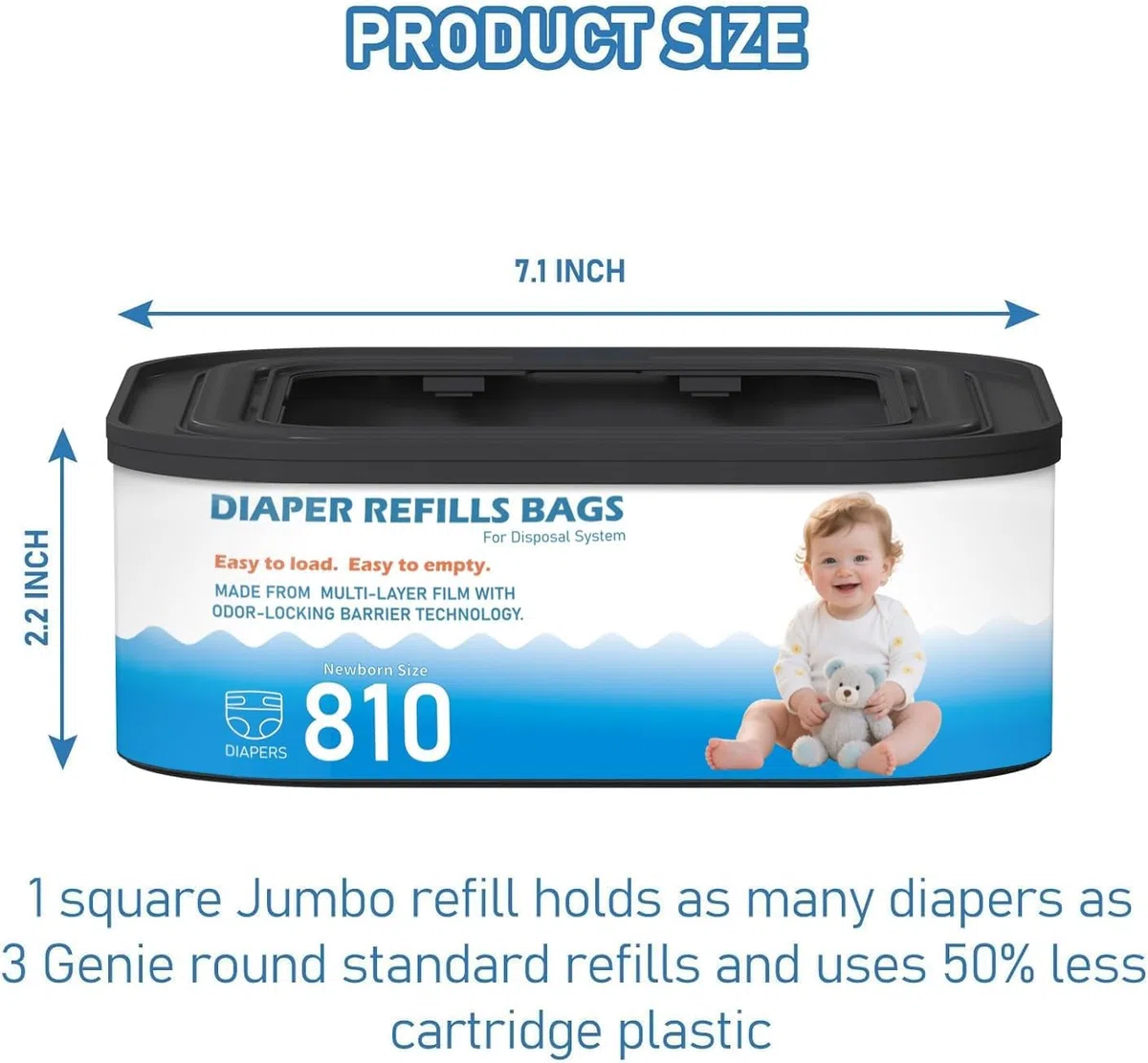 Jumbo-Nachfüllpackungen, quadratisch, kompatibel mit Diaper Genie Compact, Select Eimern, klassischer Version, für bis zu 810 Windeln in Neugeborenengröße, 4 Packungen