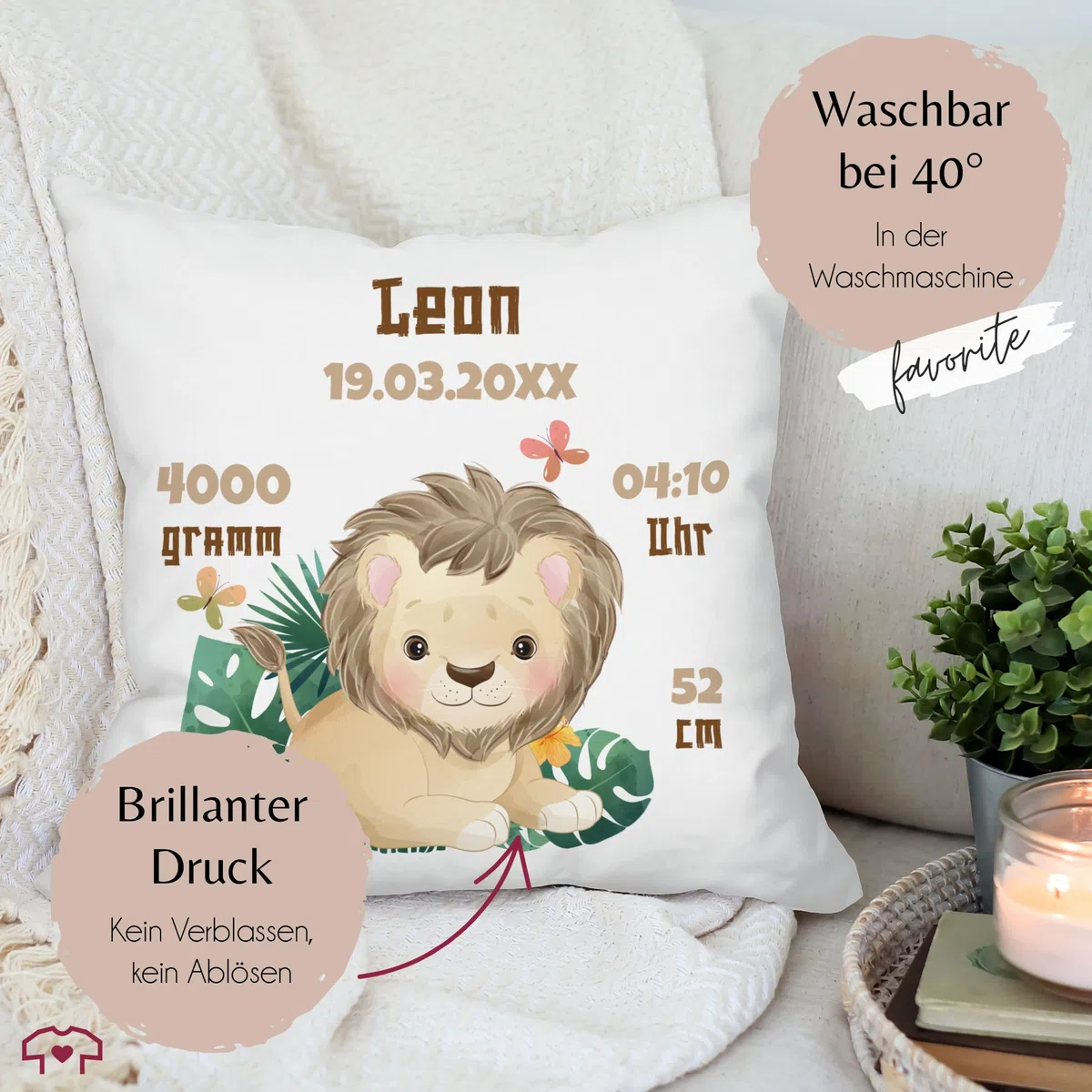 Kissen 40x40 Zierkissen - Zur Geburt - Geburtsgeschenk Löwe Datum Gewicht Uhrzeit Größe - 40 x 40 cm - Weiß - baby personalisierte babygeschenk neugeboren daten kissenhülle löwen geburtskissen