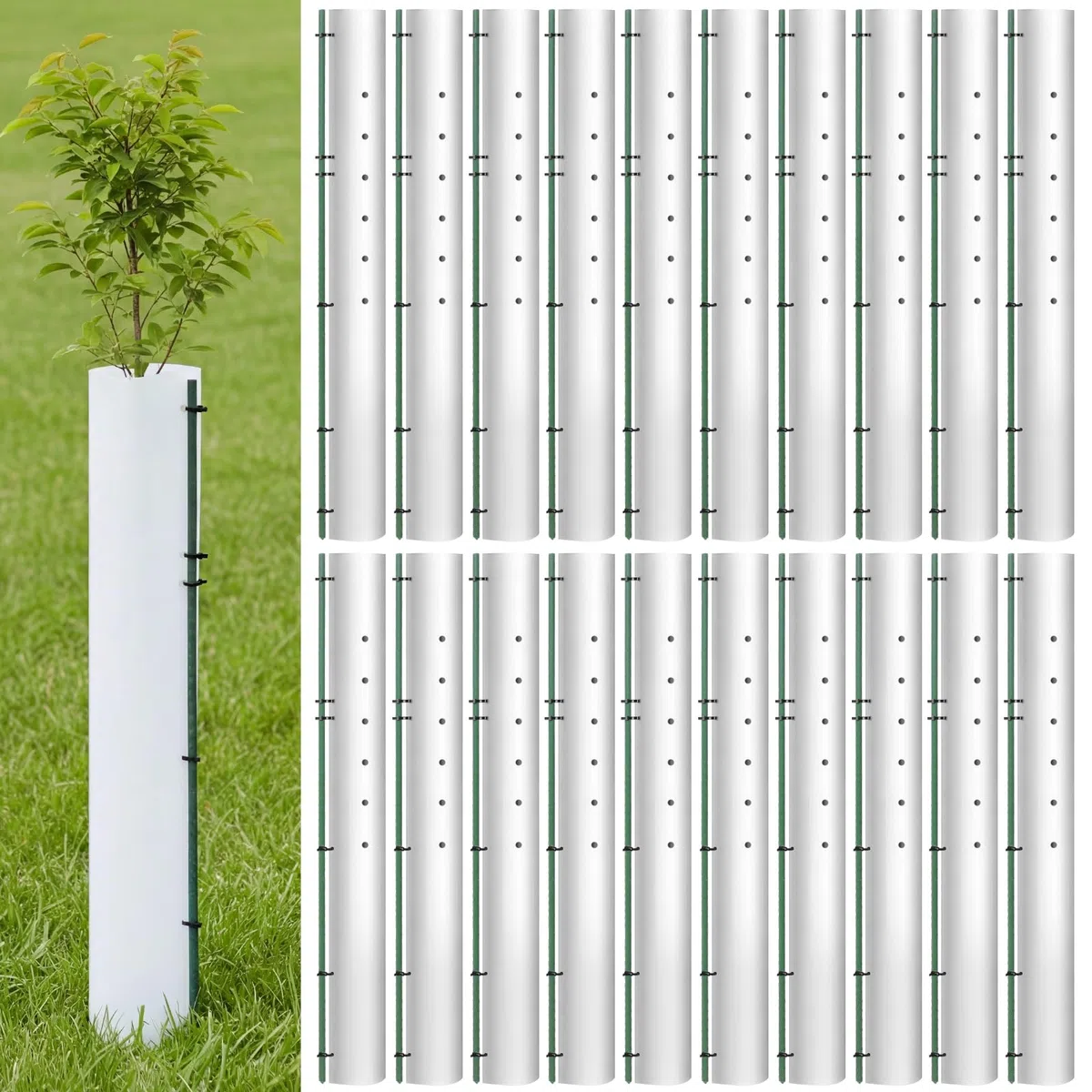 Setzlingschutz mit 20 Stahl-Pflanzstäben und 100 Kabelbändern, belüfteter Schutz für Setzlinge, Garten, Outdoor, schützt vor Hirschschädlingen, Vogelschäden (91,4 cm), 20 Stück