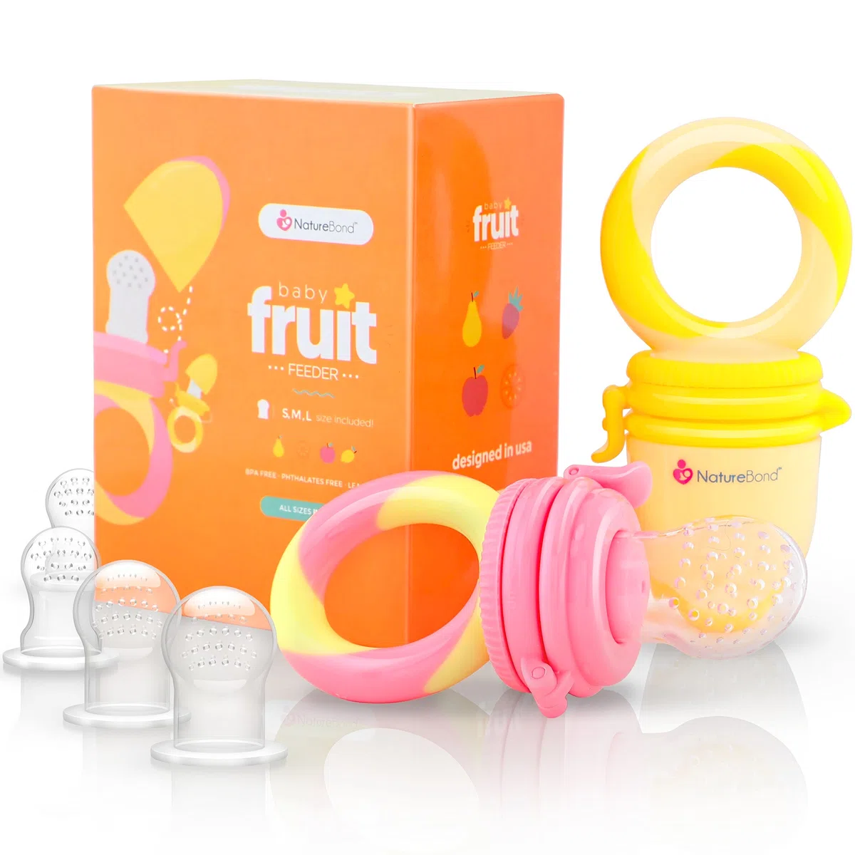 NatureBond Fruchtsauger Baby Obstschnuller für Babys (2 Fruchtsauger + 6 Schnuller) - Schnuller für Obst, Gemüse & Babynahrung 3 Monate + Beißring, BPA frei (Peach Pink & Lemonade Yellow)