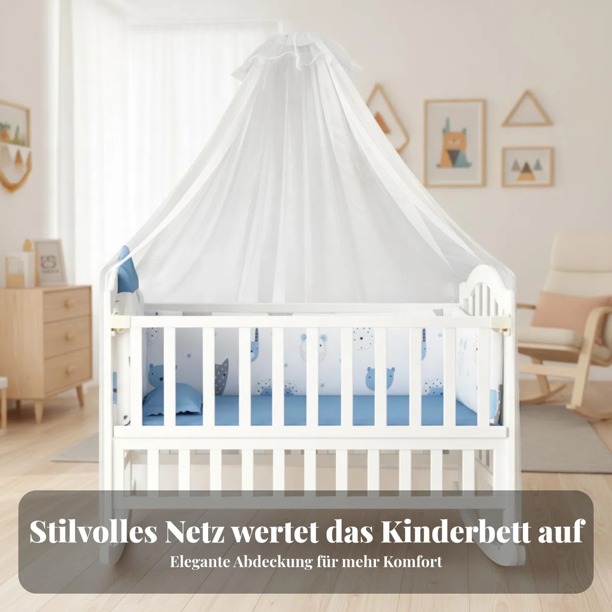 Babywiege Babybett Kinderbett Stubenwagen Weiches Schwingen Holzrahmen Kiefernholz mit Kurvigem Sockel mit Bequemer Und Garnitur mit Rollen Und Haubennetz für Erstlingsausstattung Betreuung