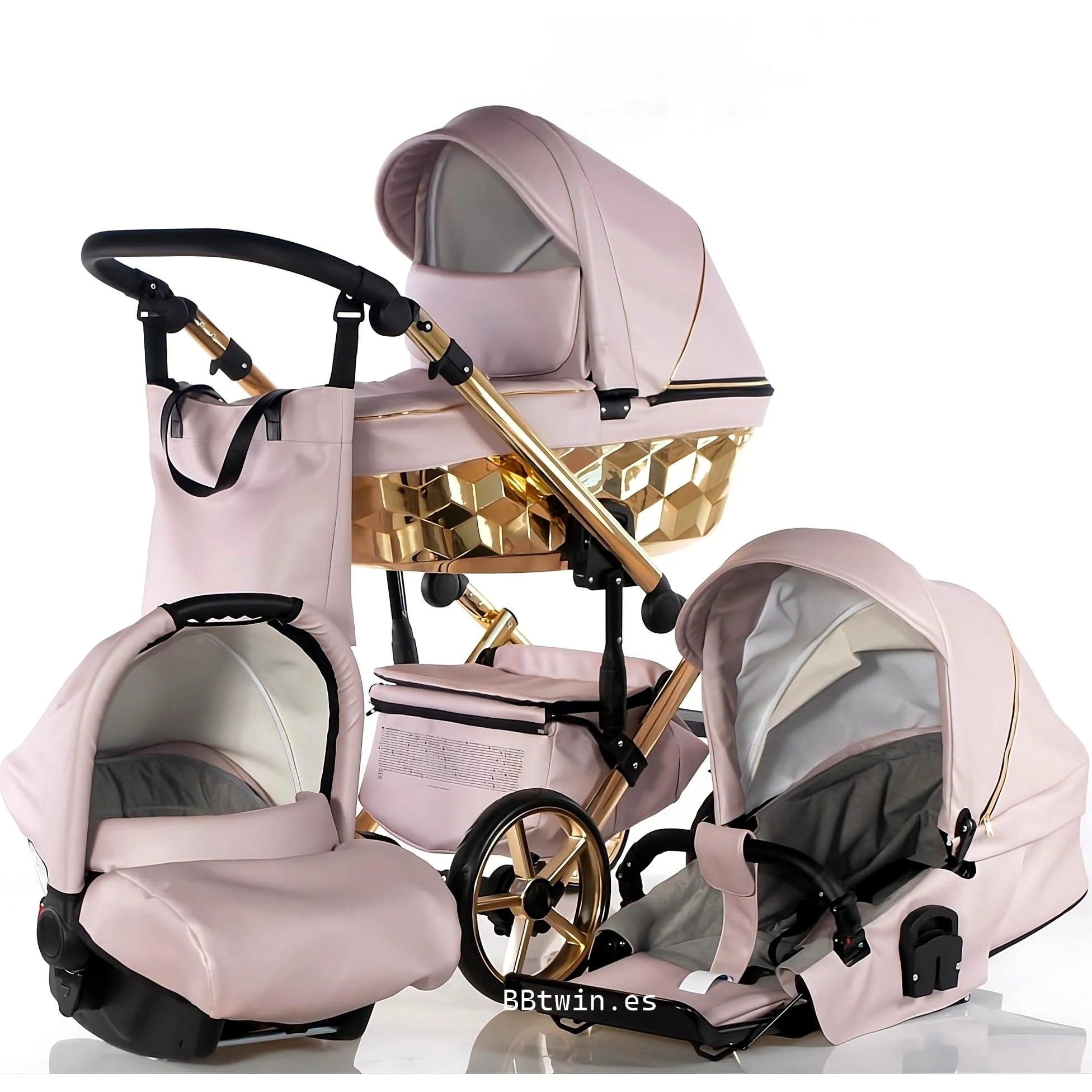 Trio CUBIC Kajtex BBtwin Ecuero Eco Kinderwagen mit goldenen oder silbernen Details, 3-in-1 Kinderwagen und Zubehör, Pink Gold
