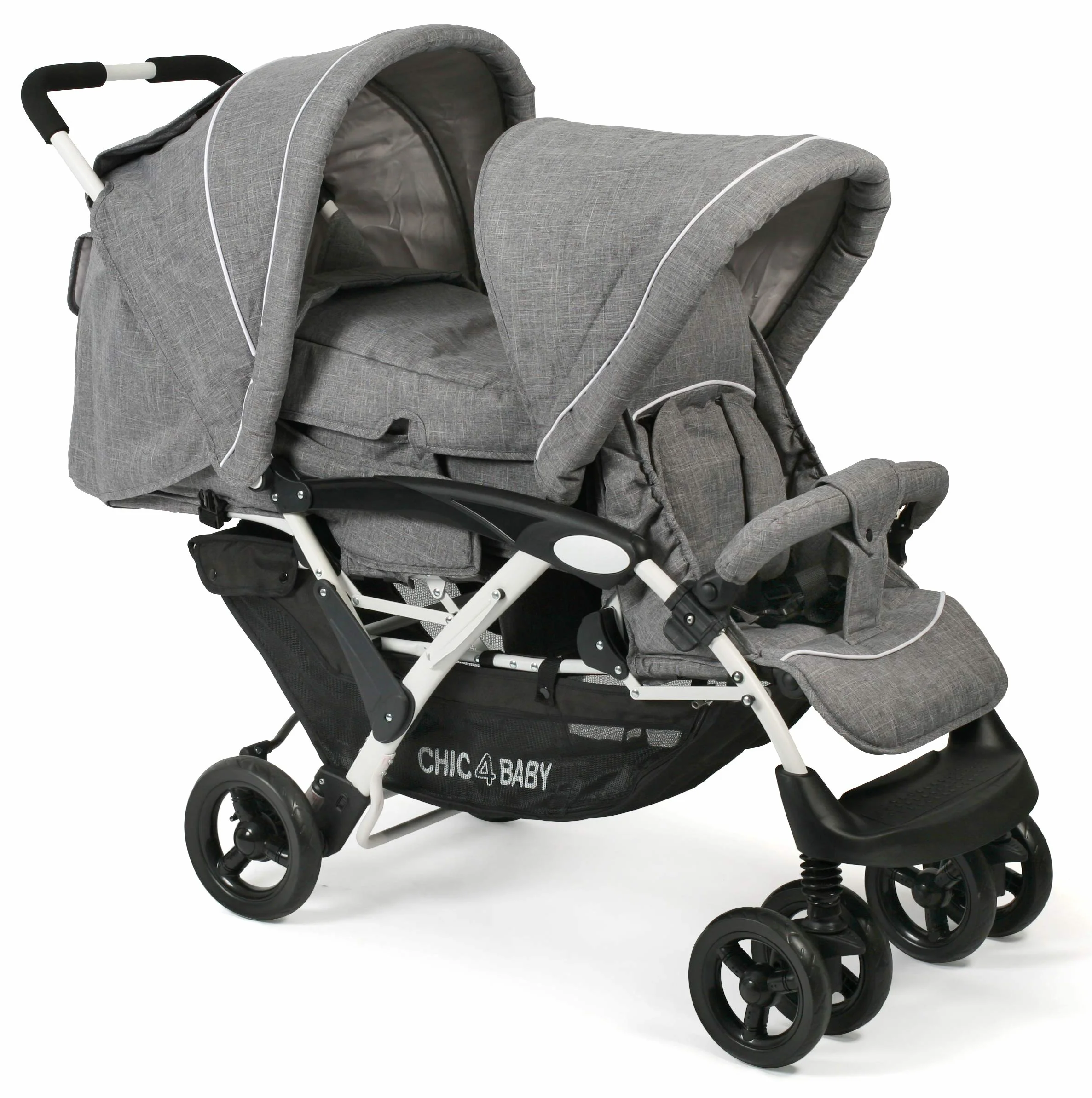 CHIC 4 BABY - Geschwisterwagen DUO mit Tragetasche und Regenschutz, Geschwisterkinderwagen für zwei Kinder, Zwillingswagen, Zwillingsbuggy, Tandemkinderwagen, Tandembuggy, Kinderwagen, Jeans grau
