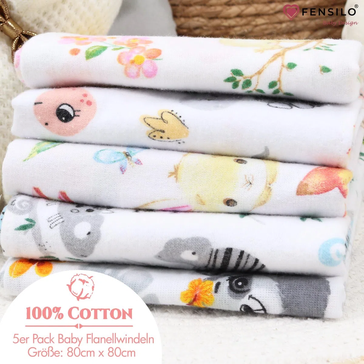FENSILO Moltontücher, 5er Pack-Flanellwindeln aus 100% Baumwolle-80x80cm, Spucktücher Baby, Flanell Moltontuch Spucktücher für Jungen oder Mädchen