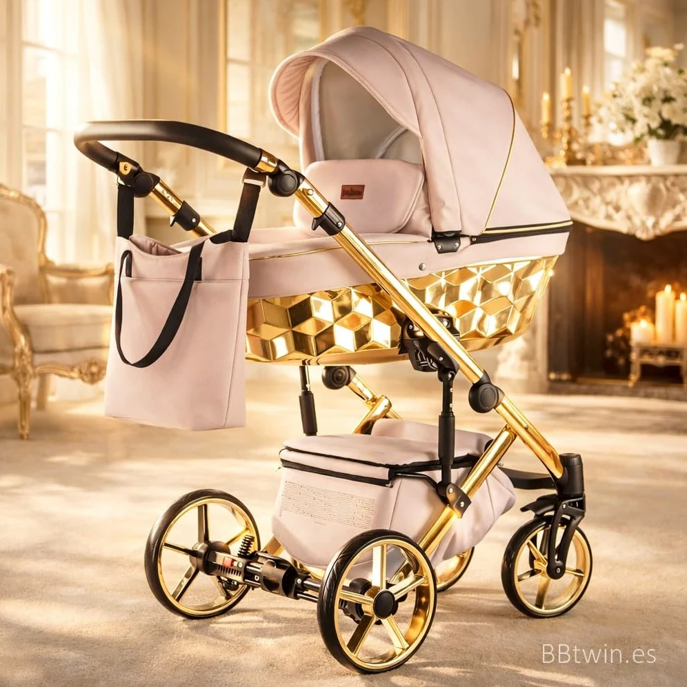 Trio CUBIC Kajtex BBtwin Ecuero Eco Kinderwagen mit goldenen oder silbernen Details, 3-in-1 Kinderwagen und Zubehör, Pink Gold