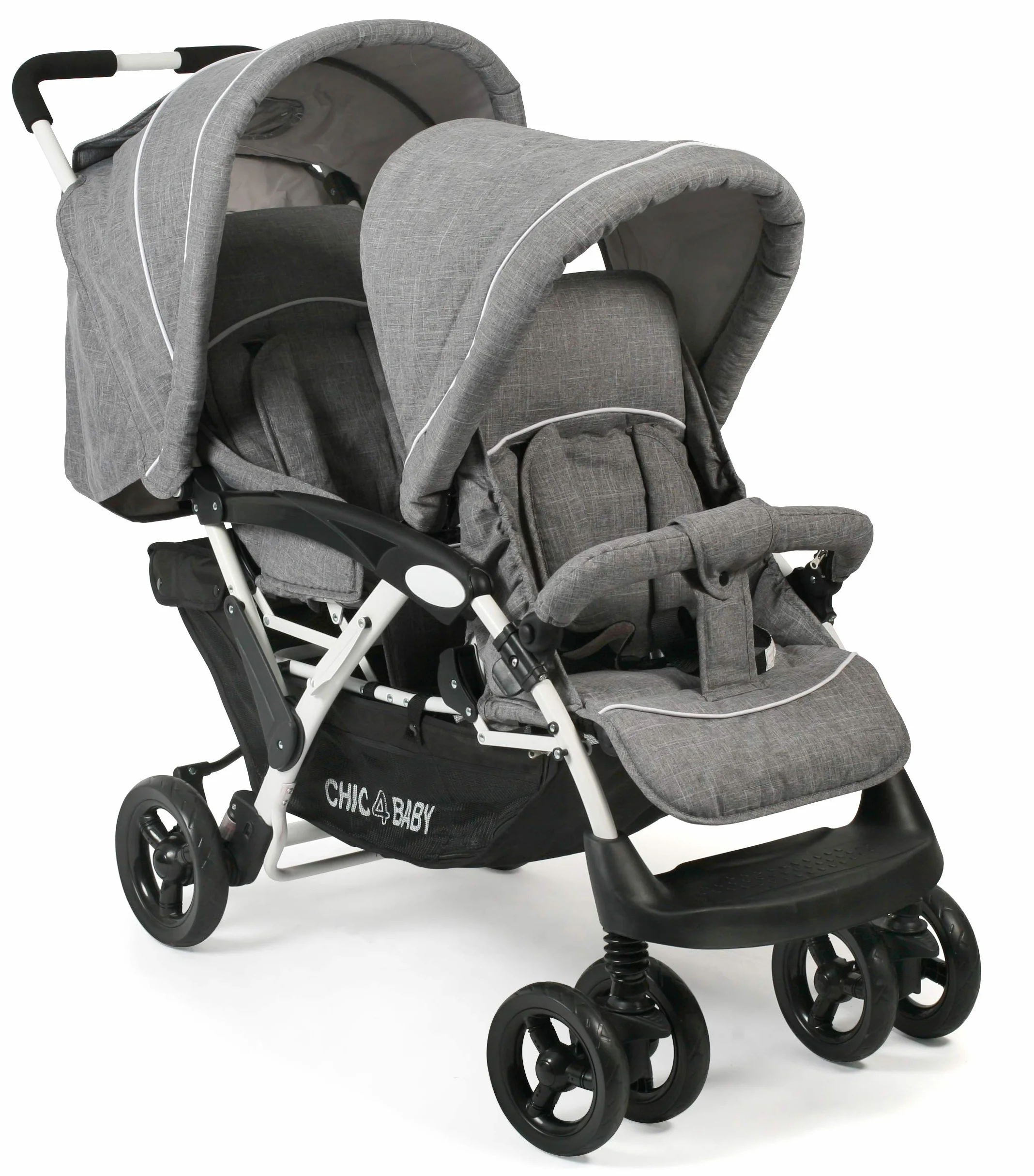 CHIC 4 BABY - Geschwisterwagen DUO mit Tragetasche und Regenschutz, Geschwisterkinderwagen für zwei Kinder, Zwillingswagen, Zwillingsbuggy, Tandemkinderwagen, Tandembuggy, Kinderwagen, Jeans grau