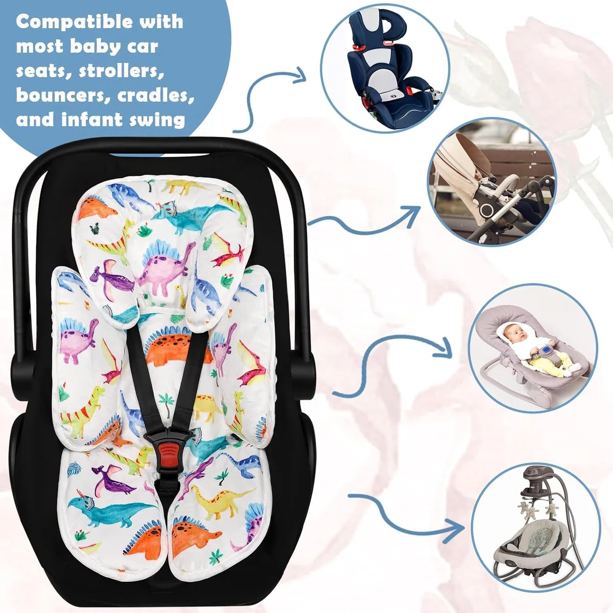 Hooyax Baby Autositz-Kissen, Kopf- und Körperstütze für Babyschalen, Einlage für Babyschalen, Kopfstützenkissen für Neugeborene für Kinderwagen, Babywippen, Schaukeln, Dinosaurier