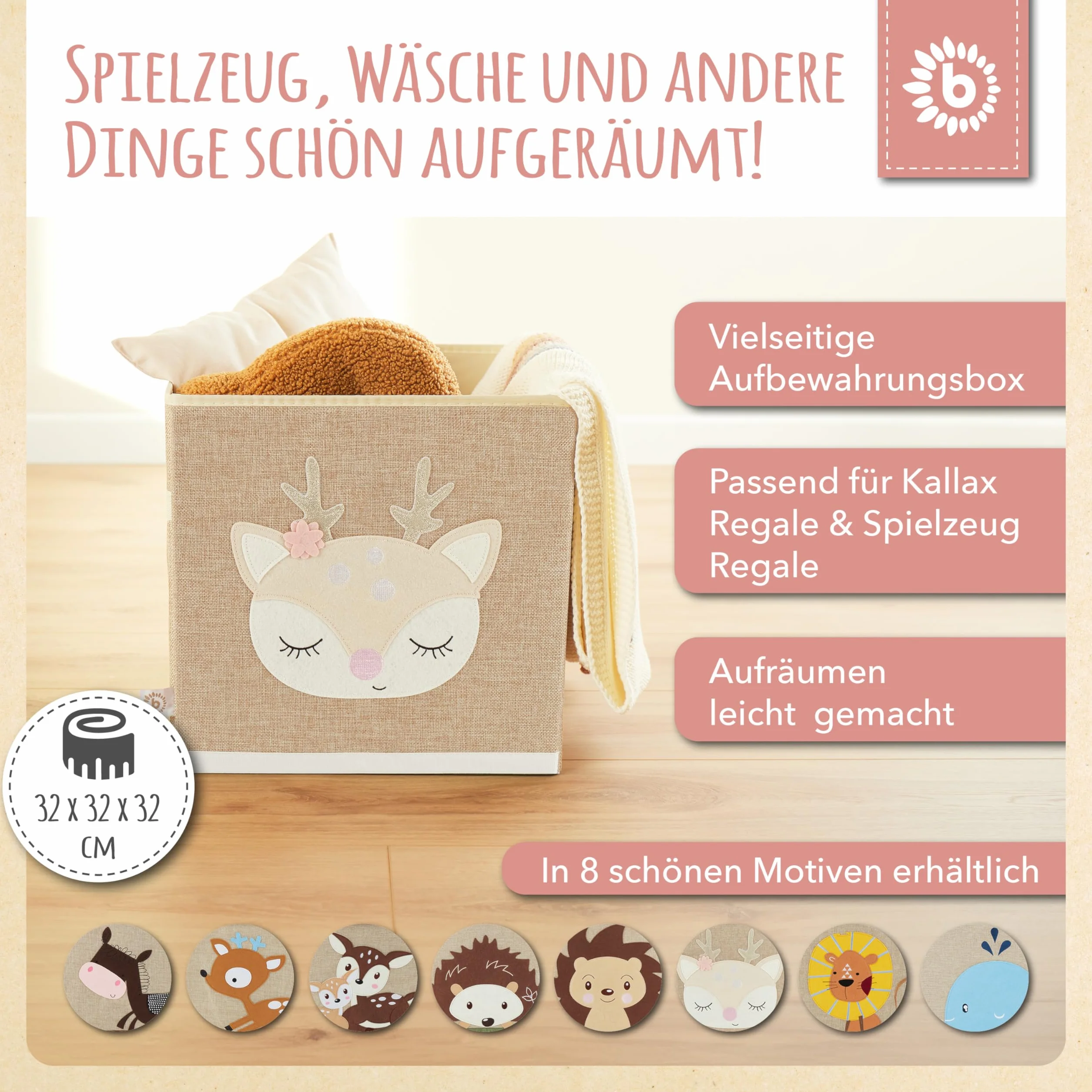 Bieco Aufbewahrungsbox Kinder | REH Ella Motiv ca. 36L faltbar | Süße Spielzeug Kiste für Kallax Regal | Aufbewahrungsbox 33x33x33 | Kallax Boxen für Spielzeug Aufbewahrung | Storage Box Kallax Korb