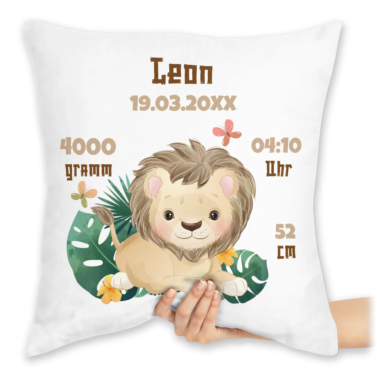 Kissen 40x40 Zierkissen - Zur Geburt - Geburtsgeschenk Löwe Datum Gewicht Uhrzeit Größe - 40 x 40 cm - Weiß - baby personalisierte babygeschenk neugeboren daten kissenhülle löwen geburtskissen