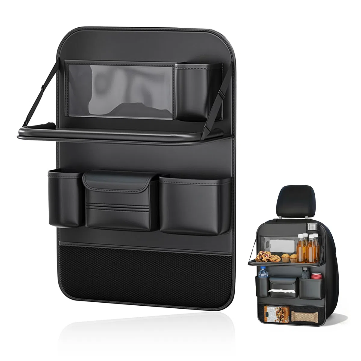 Autositz Organizer, Nappa Leder Rückenlehnenschutz Universal Wasserdicht Auto Aufbewahrungstasche mit Tablet Halter Food Tablett Trittmattenschutz