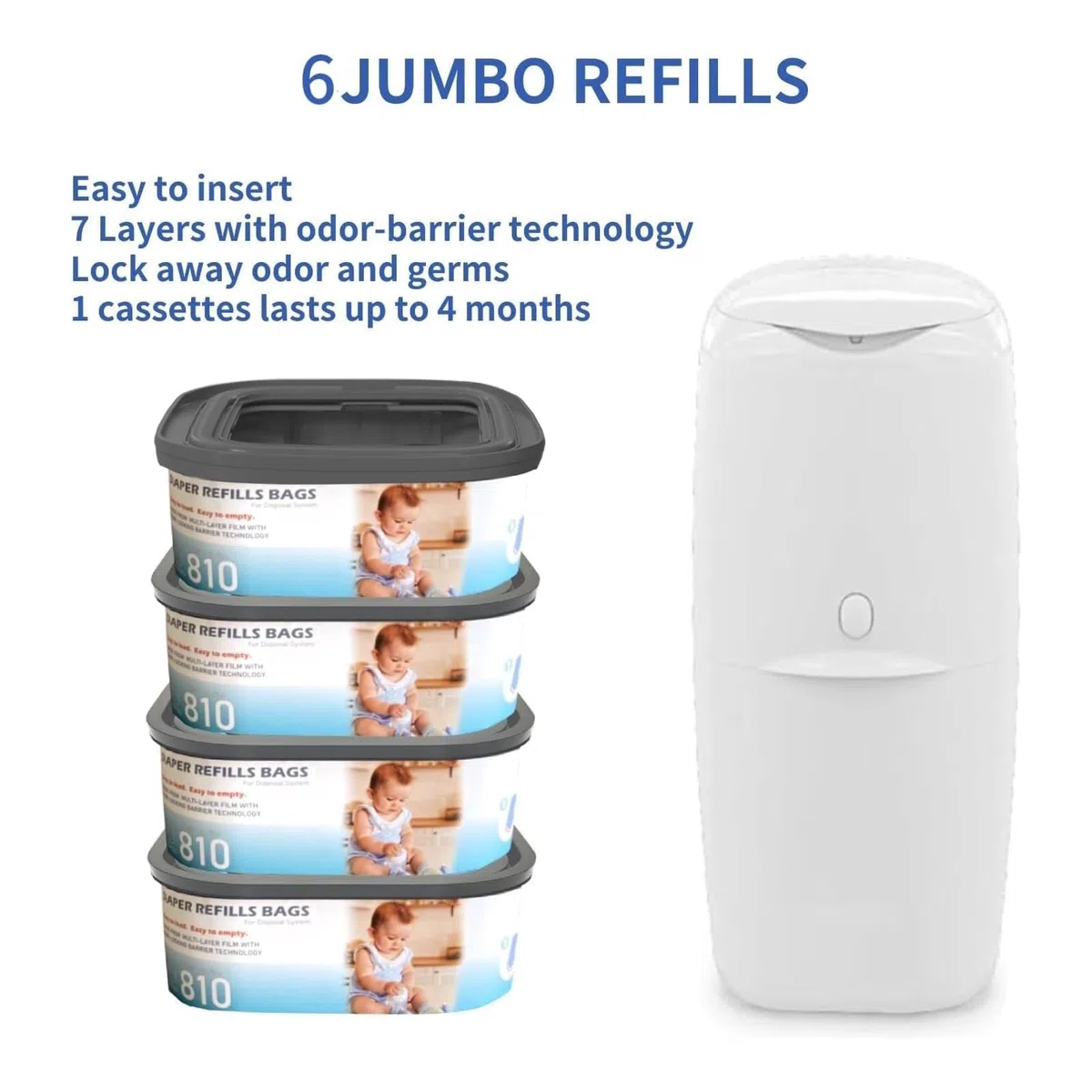 Jumbo Square Nachfüllbeutel Nachfüllpackung, kompatibel mit Genie Diaper Compact, Select und Classic Eimern, mit durchgehender Folie, für bis zu 810 Windeln in Neugeborenengröße, 6 Packungen