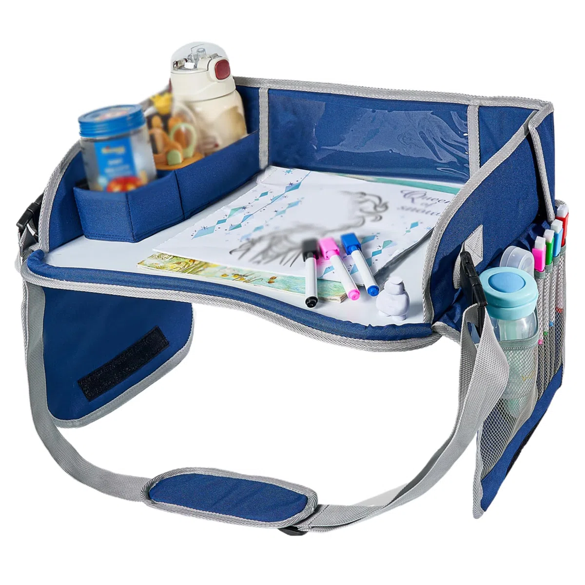 Kinder-Reisetablett, mehrere Fächer, faltbarer Autotablett-Tisch für Kinder mit Gehäuse und Schultergurt, löschbarer Polyester-Autositz für Reisen | Tabletts, Taschen