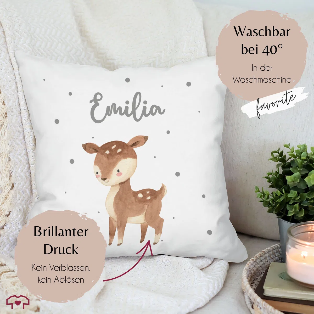 Kissen 40x40 Zierkissen - Süßes REH mit Namen personalisiert I - 40 x 40 cm - Weiß - sitzkissen Kinder rehkissen rehkitz Name kissenhülle namenskissen mädchen Geschenke Kindergarten Tier