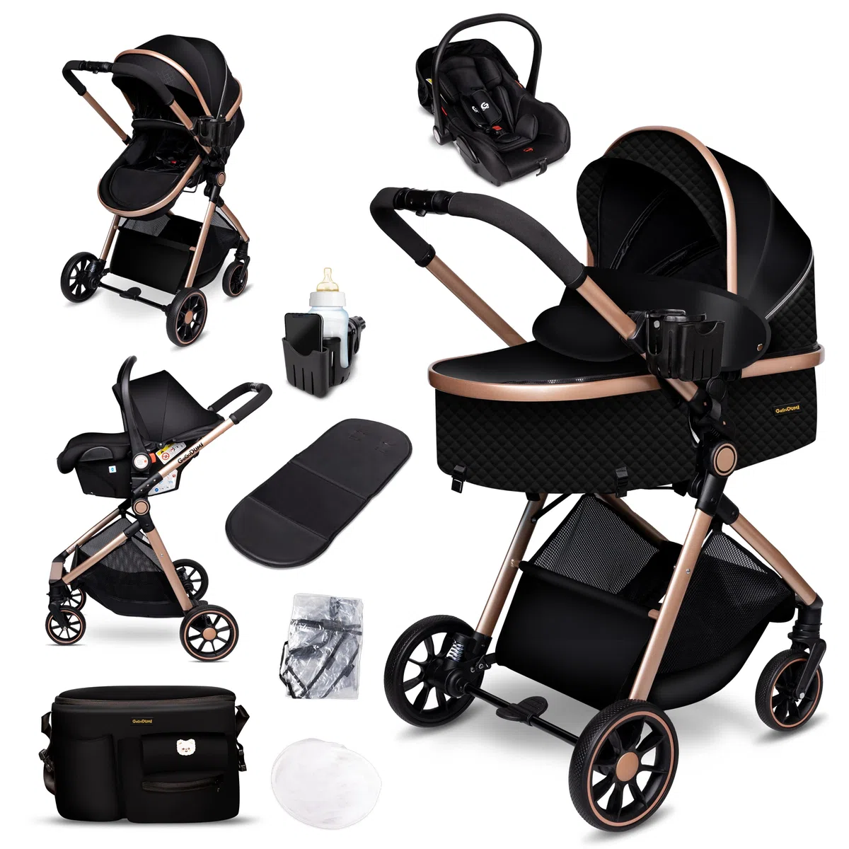 GagaDumi SoHo 3-in-1 Kinderwagen Set – TÜV-zertifiziert, i-Size Autositz, Leichtgewicht (ca. 8 kg), inkl. Regen-, Moskitonetz, Wickeltasche, Einkaufskorb, Becherhalter – Ideal für Stadt & Land