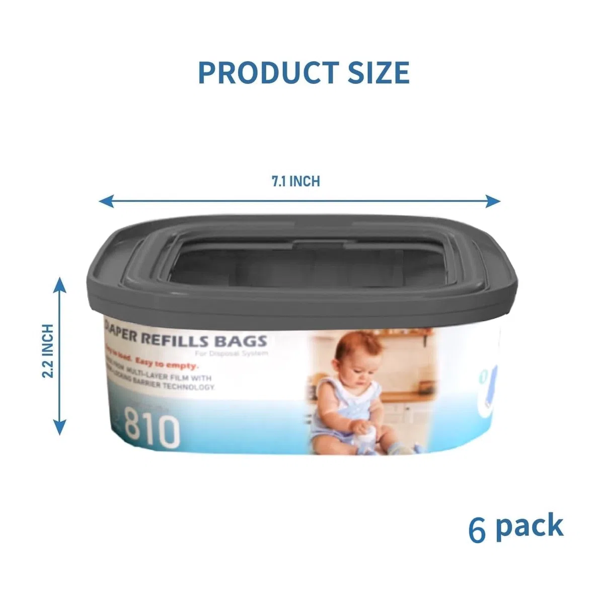 Jumbo Square Nachfüllbeutel Nachfüllpackung, kompatibel mit Genie Diaper Compact, Select und Classic Eimern, mit durchgehender Folie, für bis zu 810 Windeln in Neugeborenengröße, 6 Packungen