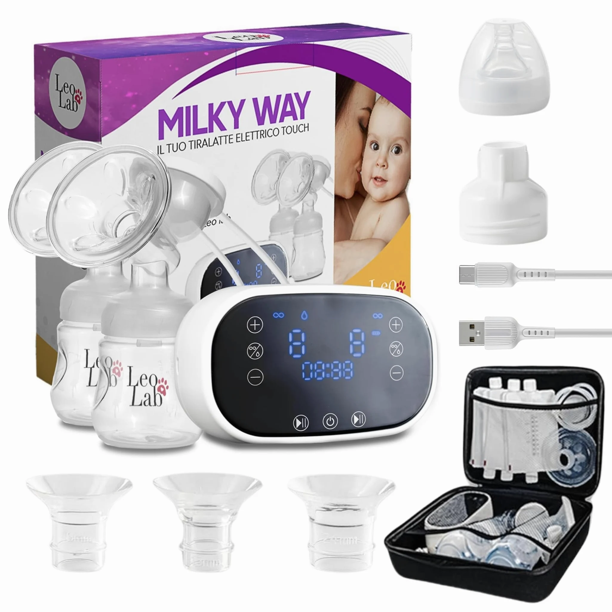LeoLab Elektrische Doppel-Milchpumpe, ultrastarke Saugkraft, 9 Stufen, 2 Flaschen, 10 Milchbeutel, leise und lange Akkulaufzeit, effizient und leicht zu reinigen