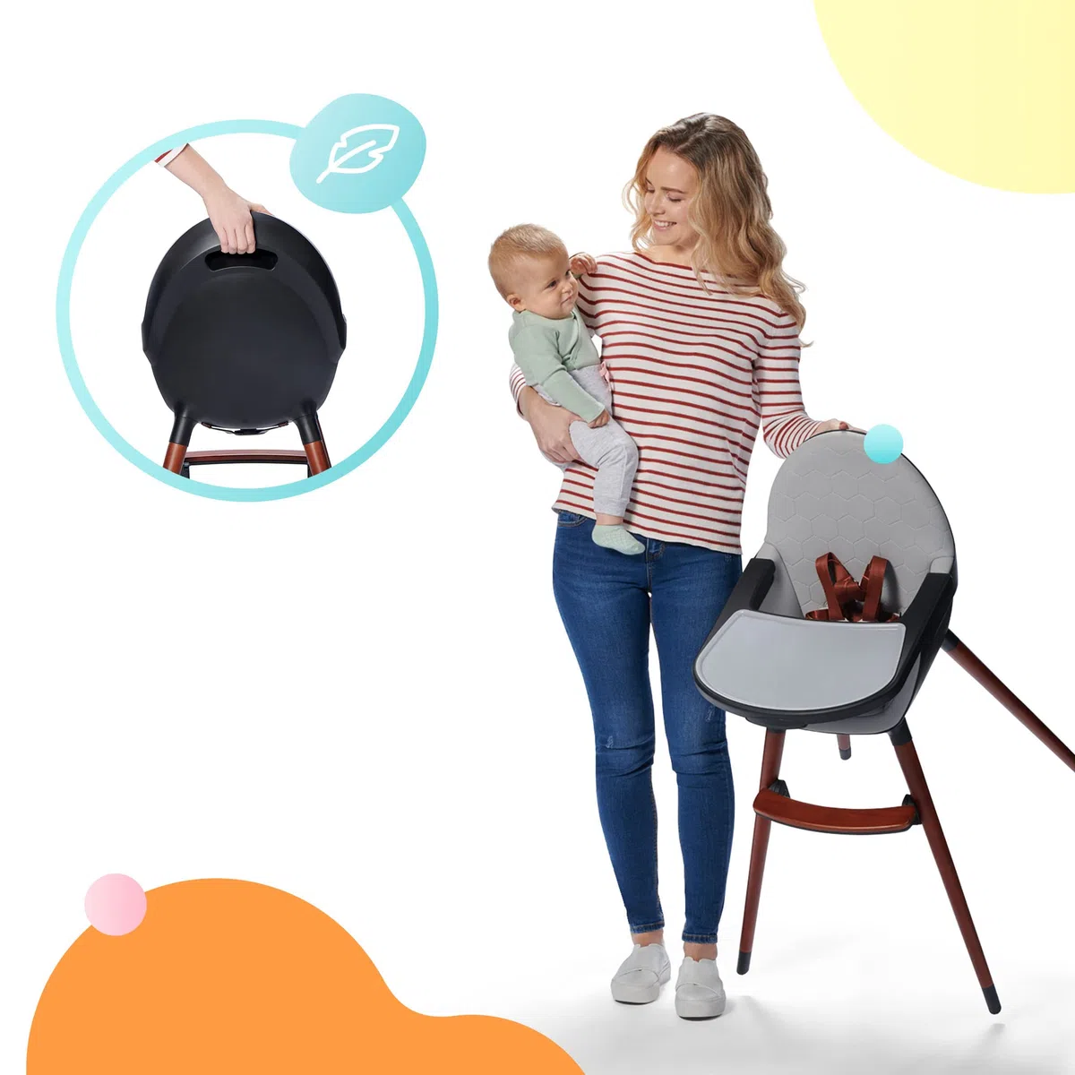 kk Kinderkraft FINIX Hochstuhl Baby ab 6 Monate bis 5 Jahre, Kinderhochstuhl 2in1 für ältere Kinder, Beine aus Holz, Verstellbare Rückenlehne Tablett Fußstütze, Stilvolles Design, Grau