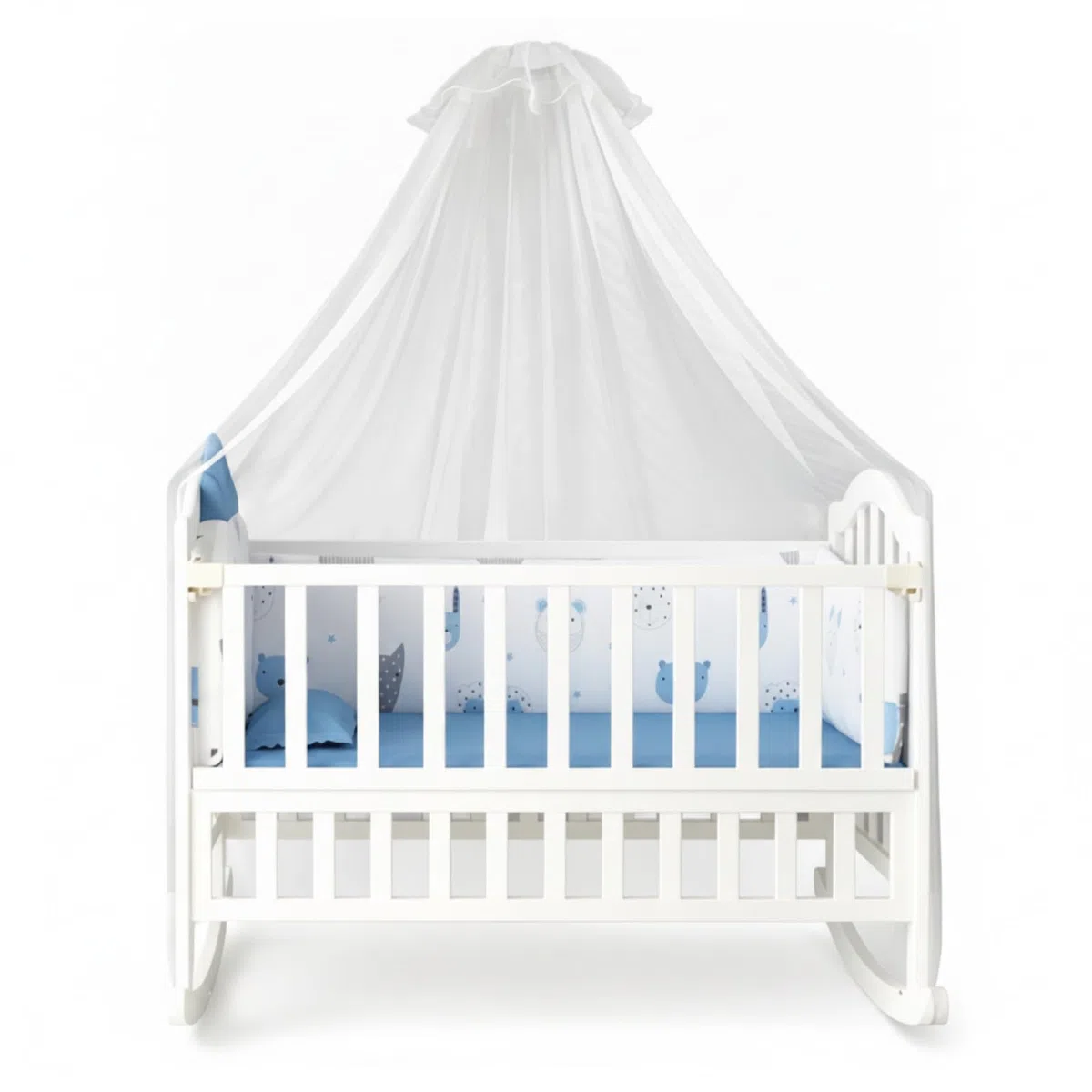 Babywiege Babybett Kinderbett Stubenwagen Weiches Schwingen Holzrahmen Kiefernholz mit Kurvigem Sockel mit Bequemer Und Garnitur mit Rollen Und Haubennetz für Erstlingsausstattung Betreuung