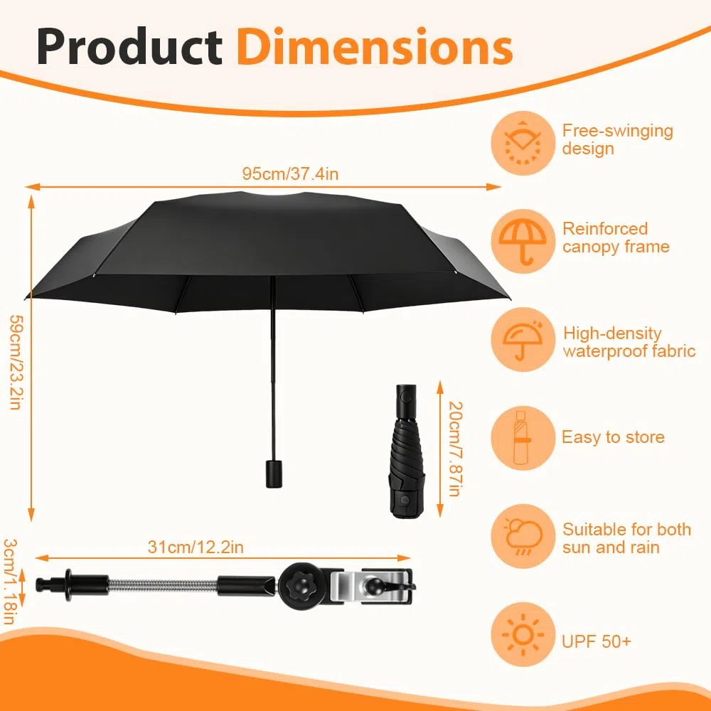 Faltbar Sonnenschirm Kinderwagen, SGZIOO Universal Sonnenschirm Buggy, UPF 50+ Flexibler Sonnenschutz mit Drehgelenk, Regenschirm Kinderwagen, Durchmesser 90 cm, Sonnenschirm für Kinderwagen UV Schutz