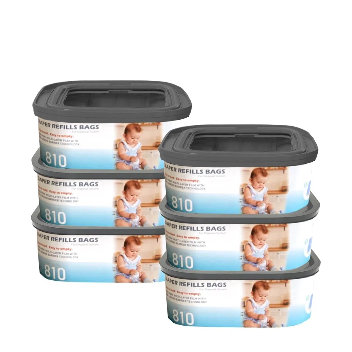 Jumbo Square Nachfüllbeutel Nachfüllpackung, kompatibel mit Genie Diaper Compact, Select und Classic Eimern, mit durchgehender Folie, für bis zu 810 Windeln in Neugeborenengröße, 6 Packungen