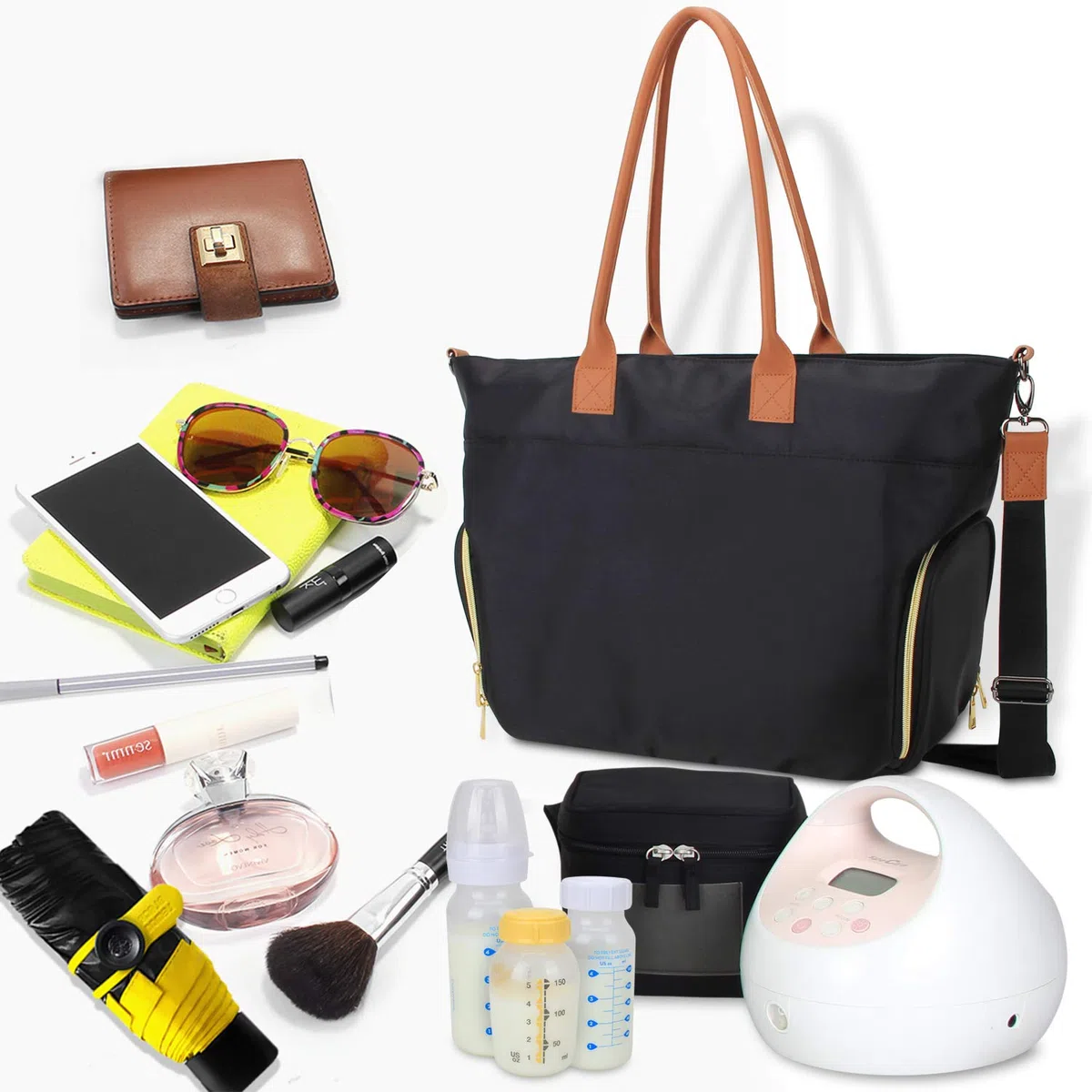 Teamoy Milchpumpen Tasche, kompatibel mit Spectra S1, S2, Medela und Kühltasche, Aufbewahrungstasche für Milchpumpen und Laptop mit Ledergriff für Berufstätige Mütter, Schwarz (NUR TASCHE)