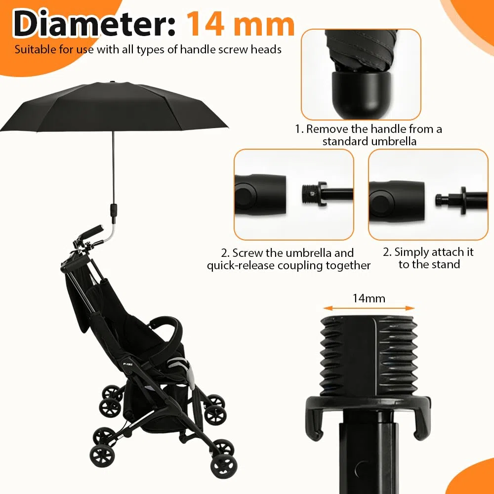 Faltbar Sonnenschirm Kinderwagen, SGZIOO Universal Sonnenschirm Buggy, UPF 50+ Flexibler Sonnenschutz mit Drehgelenk, Regenschirm Kinderwagen, Durchmesser 90 cm, Sonnenschirm für Kinderwagen UV Schutz