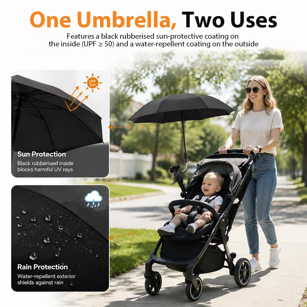 Faltbar Sonnenschirm Kinderwagen, SGZIOO Universal Sonnenschirm Buggy, UPF 50+ Flexibler Sonnenschutz mit Drehgelenk, Regenschirm Kinderwagen, Durchmesser 90 cm, Sonnenschirm für Kinderwagen UV Schutz
