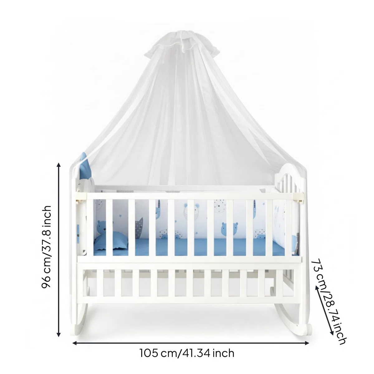 Babywiege Babybett Kinderbett Stubenwagen Weiches Schwingen Holzrahmen Kiefernholz mit Kurvigem Sockel mit Bequemer Und Garnitur mit Rollen Und Haubennetz für Erstlingsausstattung Betreuung