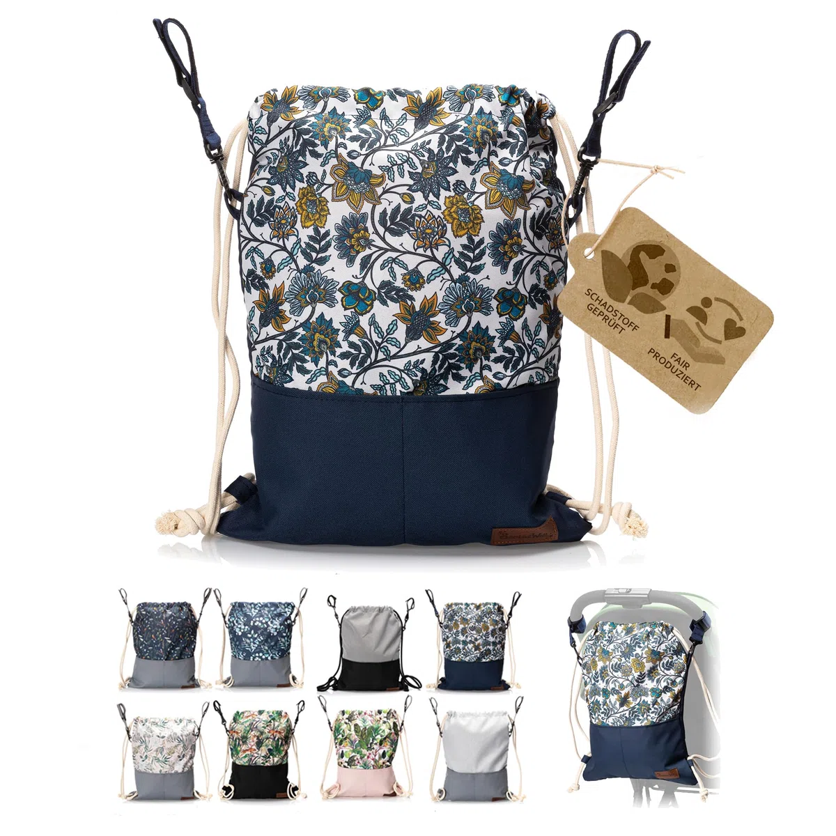 BambiniWelt Wickeltasche Kinderwagen – Leichter Beutel mit Rucksackfunktion, wasserdicht & robust, mit Reißverschluss, Tunnelzug & Baumwollkordeln, Kinderwagentasche für Alltag, Farbe: Modell 12