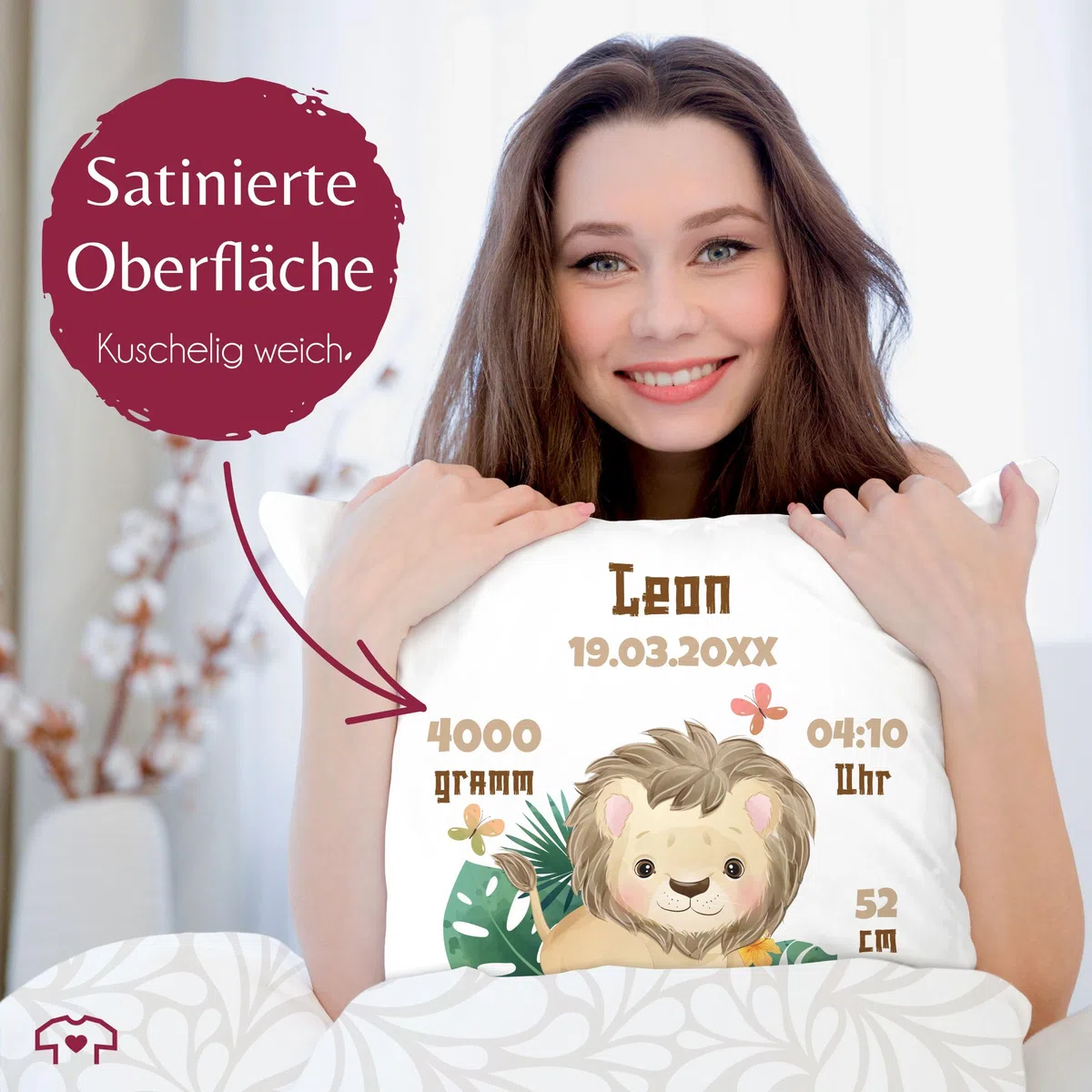 Kissen 40x40 Zierkissen - Zur Geburt - Geburtsgeschenk Löwe Datum Gewicht Uhrzeit Größe - 40 x 40 cm - Weiß - baby personalisierte babygeschenk neugeboren daten kissenhülle löwen geburtskissen