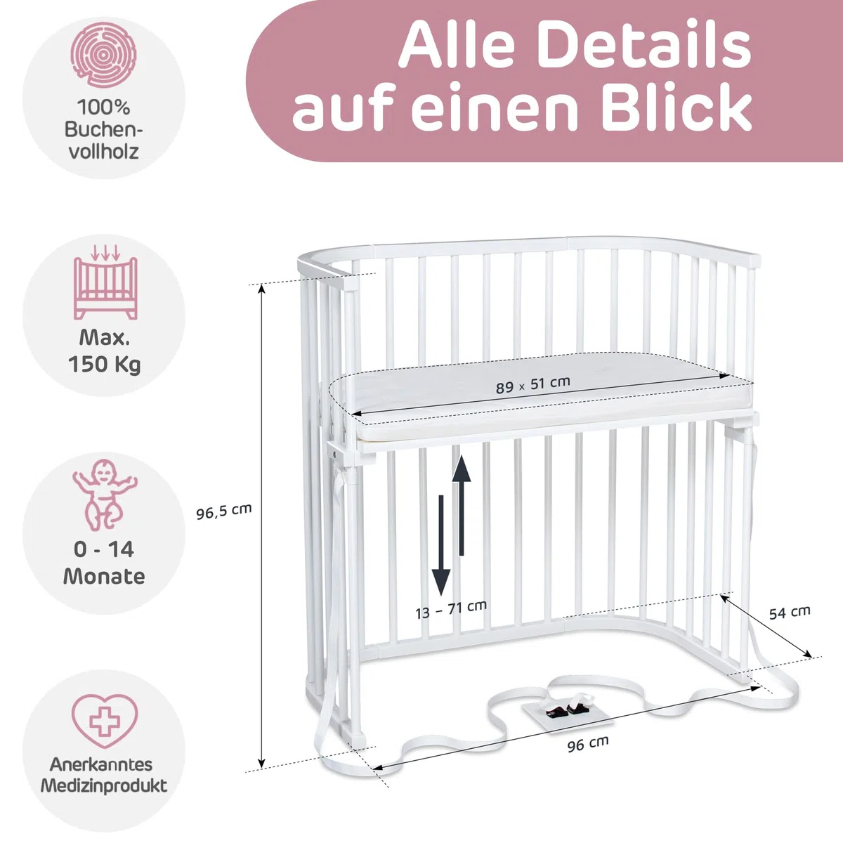 babybay Boxspring Beistellbett mit Matratze MediTex Wave, weiß lackiert
