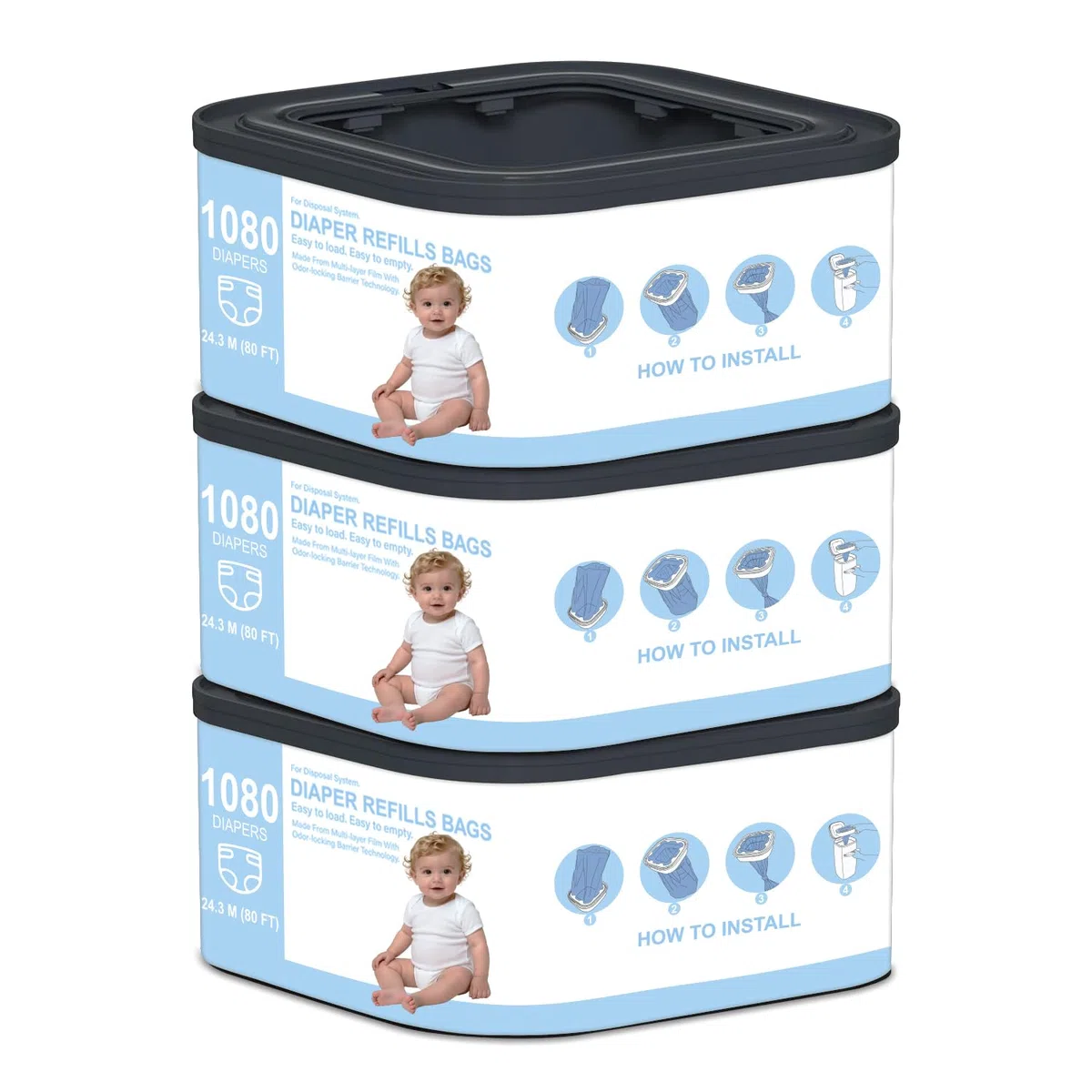 Jumbo+ quadratische Nachfüllbeutel, kompatibel mit Diaper Genie Compact, Classic und Select Eimern, für bis zu 1080 Windeln in Neugeborenengröße, 3 Stück
