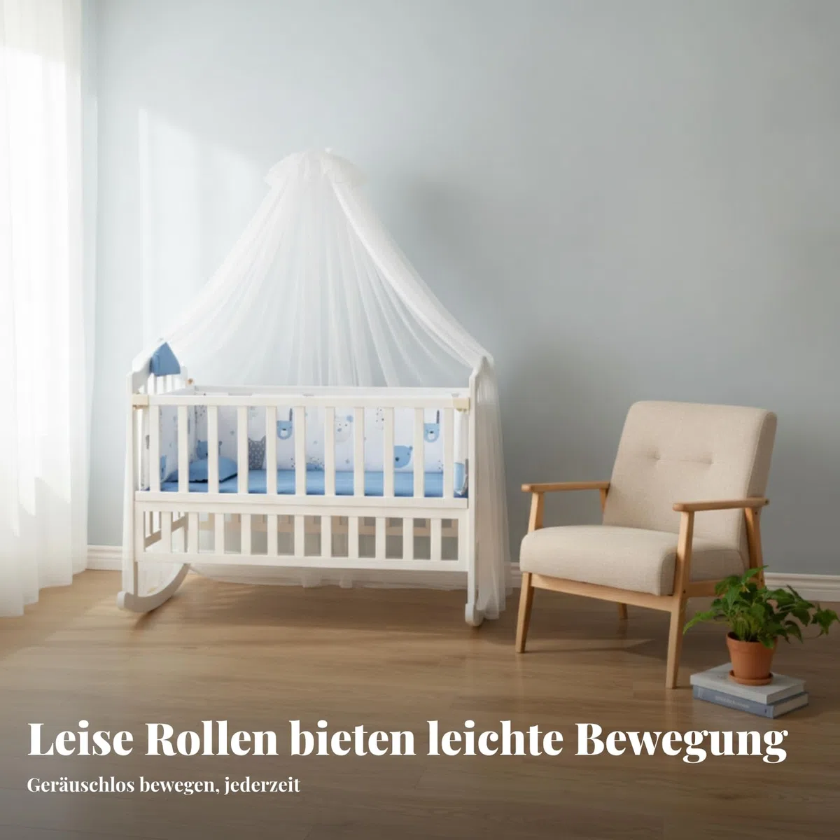 Babywiege Babybett Kinderbett Stubenwagen Weiches Schwingen Holzrahmen Kiefernholz mit Kurvigem Sockel mit Bequemer Und Garnitur mit Rollen Und Haubennetz für Erstlingsausstattung Betreuung