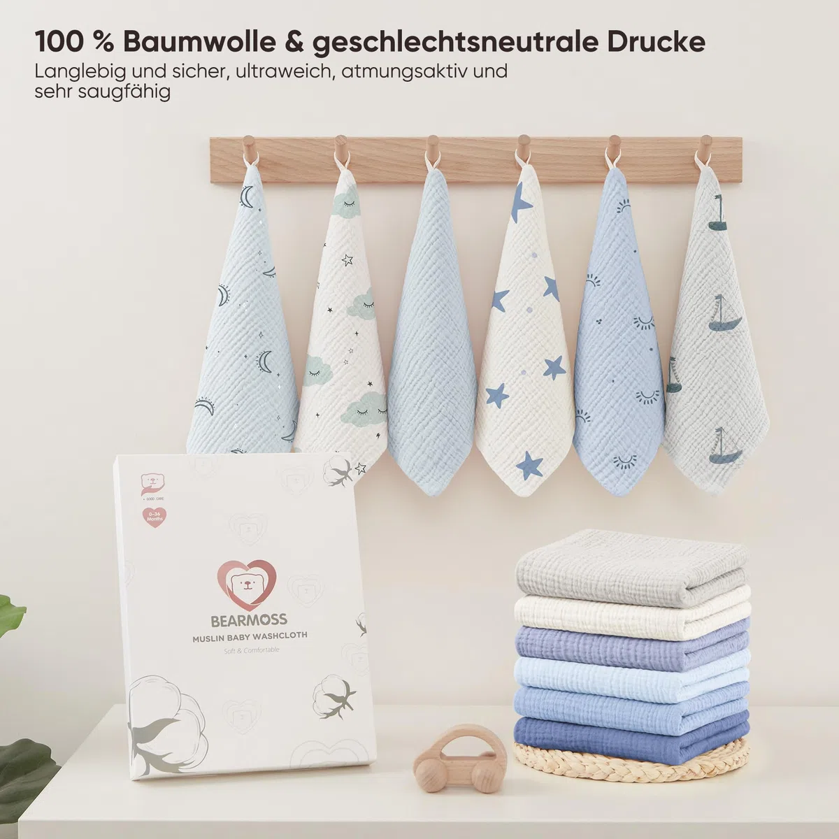 Bearmoss Baby Musselin Waschlappen Moltontücher 100% Baumwolle Weiche Spucktücher Baby,Atmungsaktiv und Extrem Saugfähig Musselin Tuch für Saugstark Mulltücher 12 Stück 25 x25cm (Blaugrün)