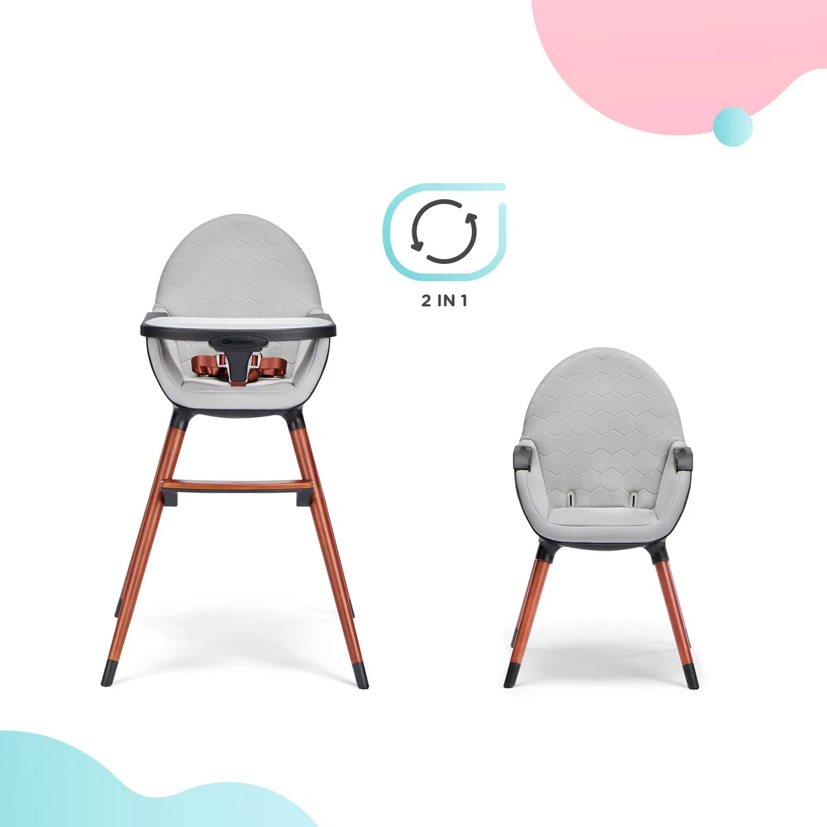 kk Kinderkraft FINIX Hochstuhl Baby ab 6 Monate bis 5 Jahre, Kinderhochstuhl 2in1 für ältere Kinder, Beine aus Holz, Verstellbare Rückenlehne Tablett Fußstütze, Stilvolles Design, Grau