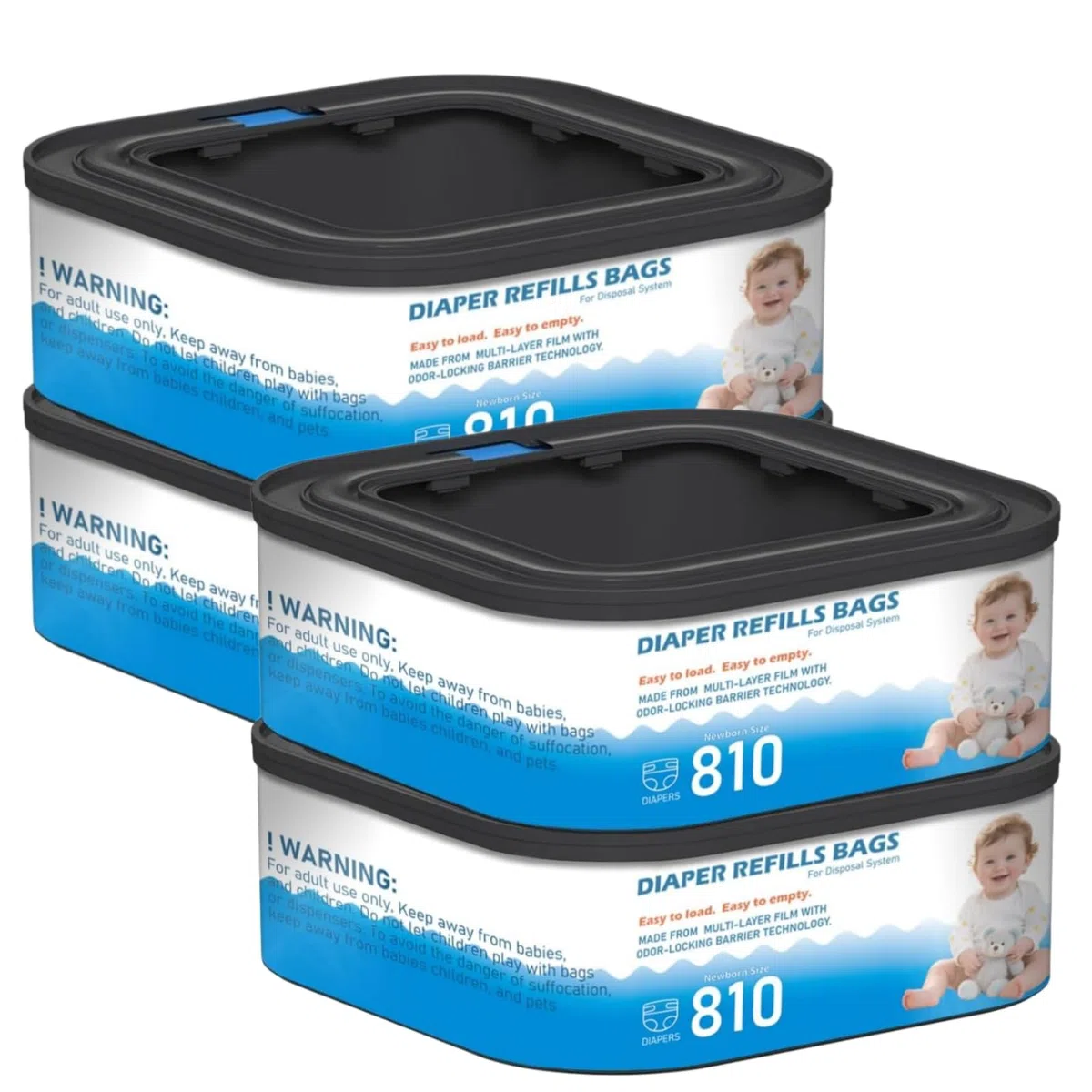 Jumbo-Nachfüllpackungen, quadratisch, kompatibel mit Diaper Genie Compact, Select Eimern, klassischer Version, für bis zu 810 Windeln in Neugeborenengröße, 4 Packungen