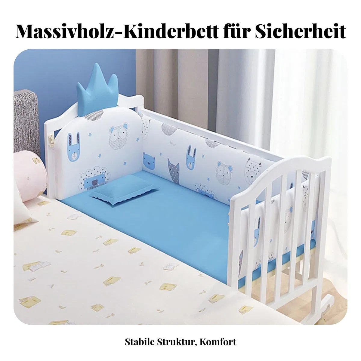 Babywiege Babybett Kinderbett Stubenwagen Weiches Schwingen Holzrahmen Kiefernholz mit Kurvigem Sockel mit Bequemer Und Garnitur mit Rollen Und Haubennetz für Erstlingsausstattung Betreuung
