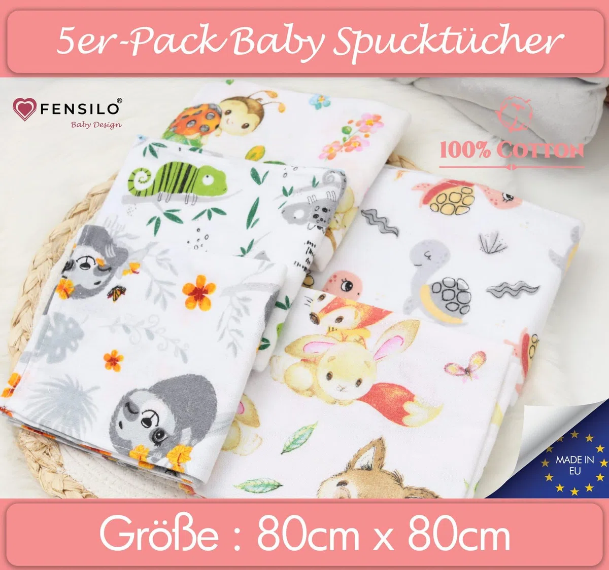 FENSILO Moltontücher, 5er Pack-Flanellwindeln aus 100% Baumwolle-80x80cm, Spucktücher Baby, Flanell Moltontuch Spucktücher für Jungen oder Mädchen