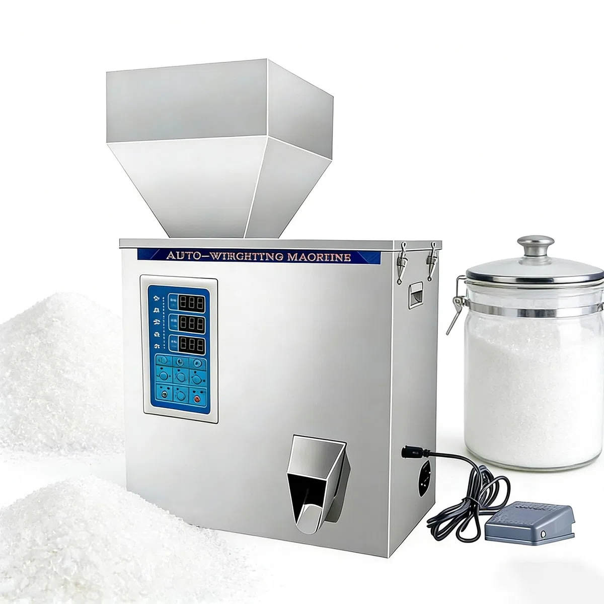 Touchscreen Automatische Pulverfüller 12-15 Beutel Min Edelstahl Genaue Dosiermaschine für Milchpulver Kräuter Granulat Fuß Pedal Control Kompakte Lebensmittelqualität Präzisionswägegerät