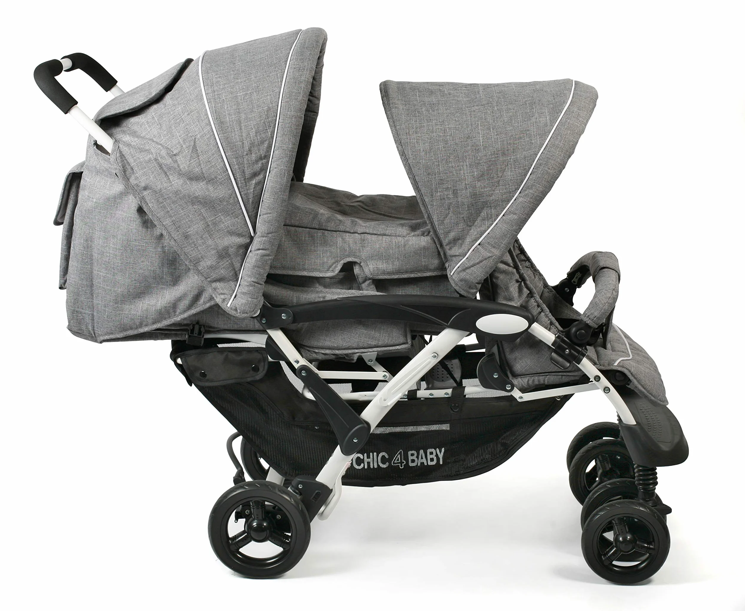 CHIC 4 BABY - Geschwisterwagen DUO mit Tragetasche und Regenschutz, Geschwisterkinderwagen für zwei Kinder, Zwillingswagen, Zwillingsbuggy, Tandemkinderwagen, Tandembuggy, Kinderwagen, Jeans grau